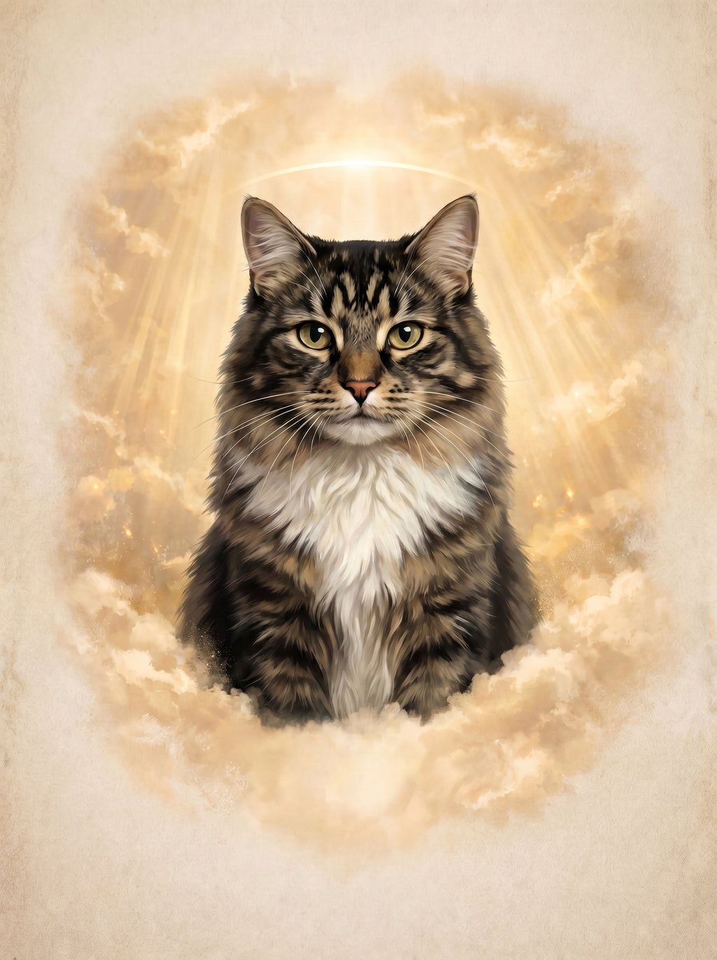 Langhaarige Katze als realistisches Porträt in himmlischen Wolken mit Lichtstrahlen