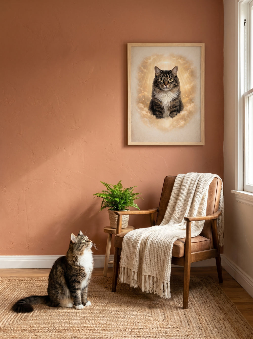 Langhaarkatze im Wohnzimmer vor Sessel unter gerahmtem Katzenporträt mit Wolken