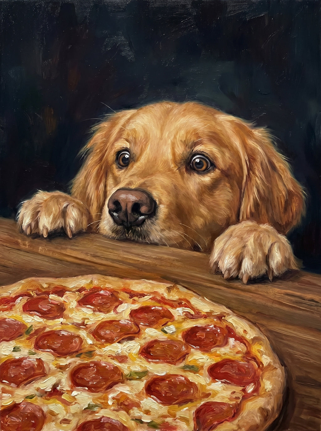 Golden Retriever im Ölporträt blickt begehrlich auf Peperoni-Pizza am Tisch