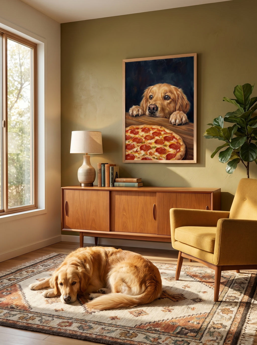 Golden Retriever im Wohnzimmer, realistisches Hundeporträt mit Pizza an der Wand