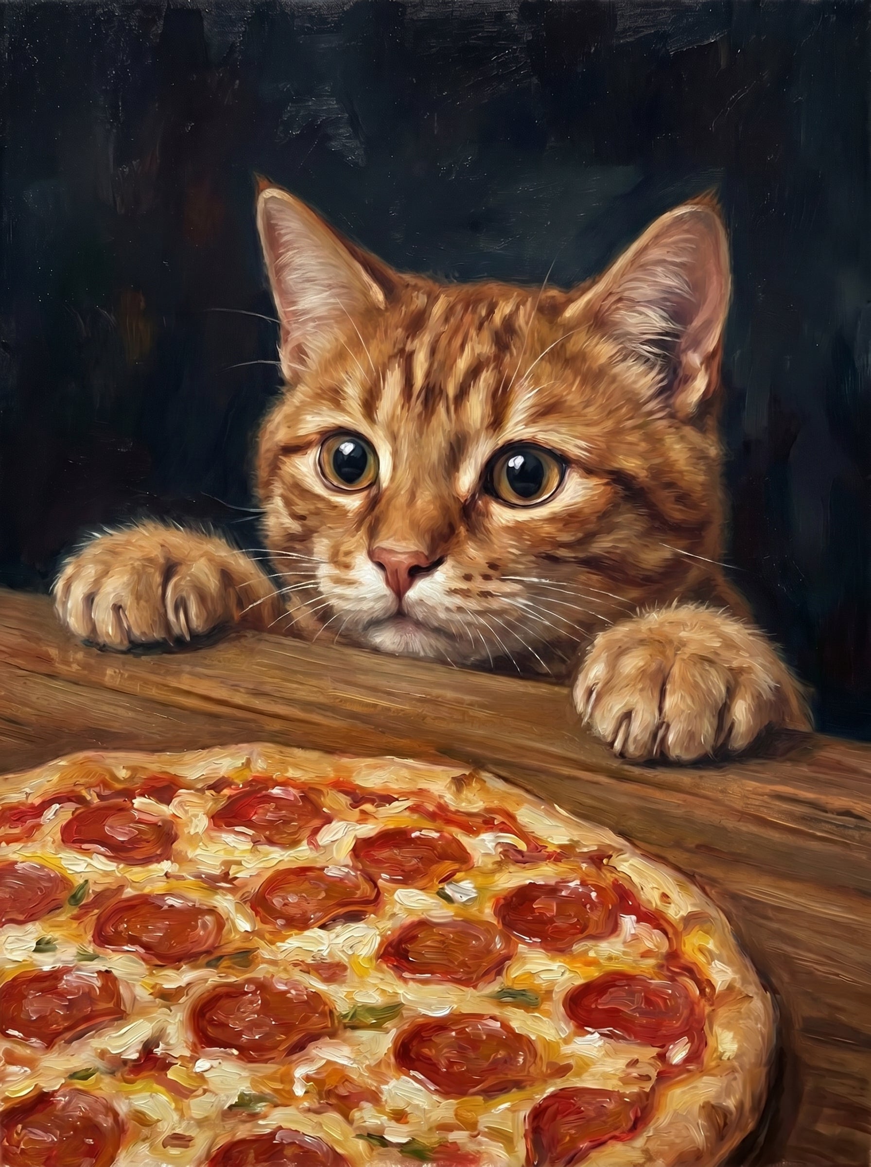 Orangefarbene Katze im Ölmalerei-Stil blickt auf Peperoni-Pizza am Tisch