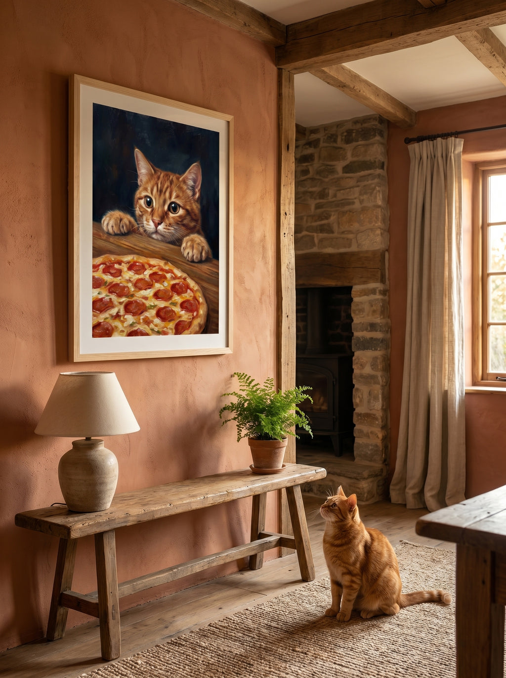 Realistisches Katzenbild mit Pizza an rustikaler Wohnzimmerwand
