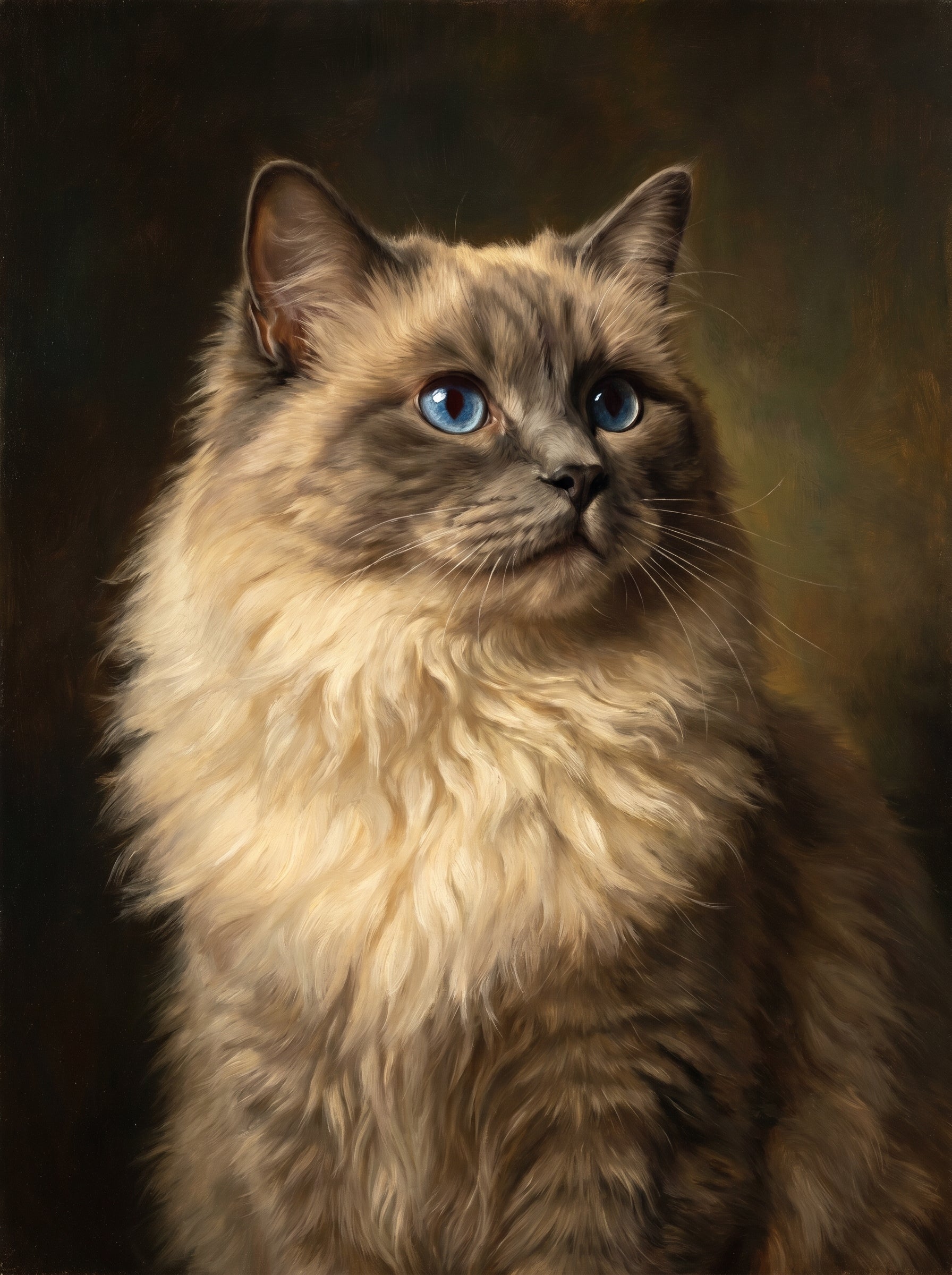 Langhaarige Katze mit blauen Augen als realistisches Gemälde vor dunklem Hintergrund