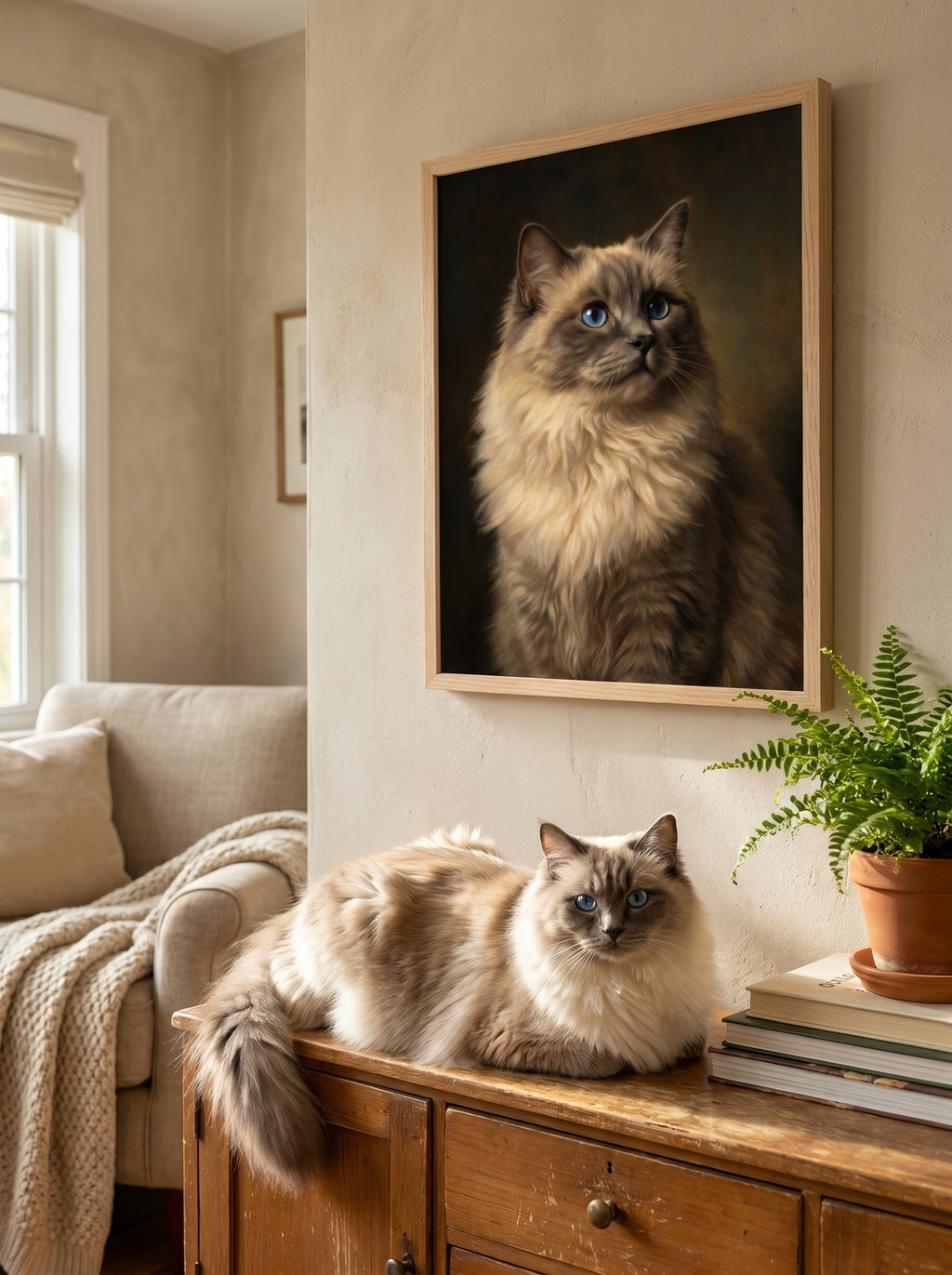 Langhaarige Katze mit blauen Augen unter realistischem Katzenporträt im Wohnzimmer