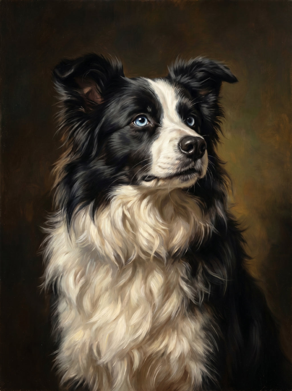 Border Collie als realistisches Gemälde vor dunklem Hintergrund mit blauen Augen