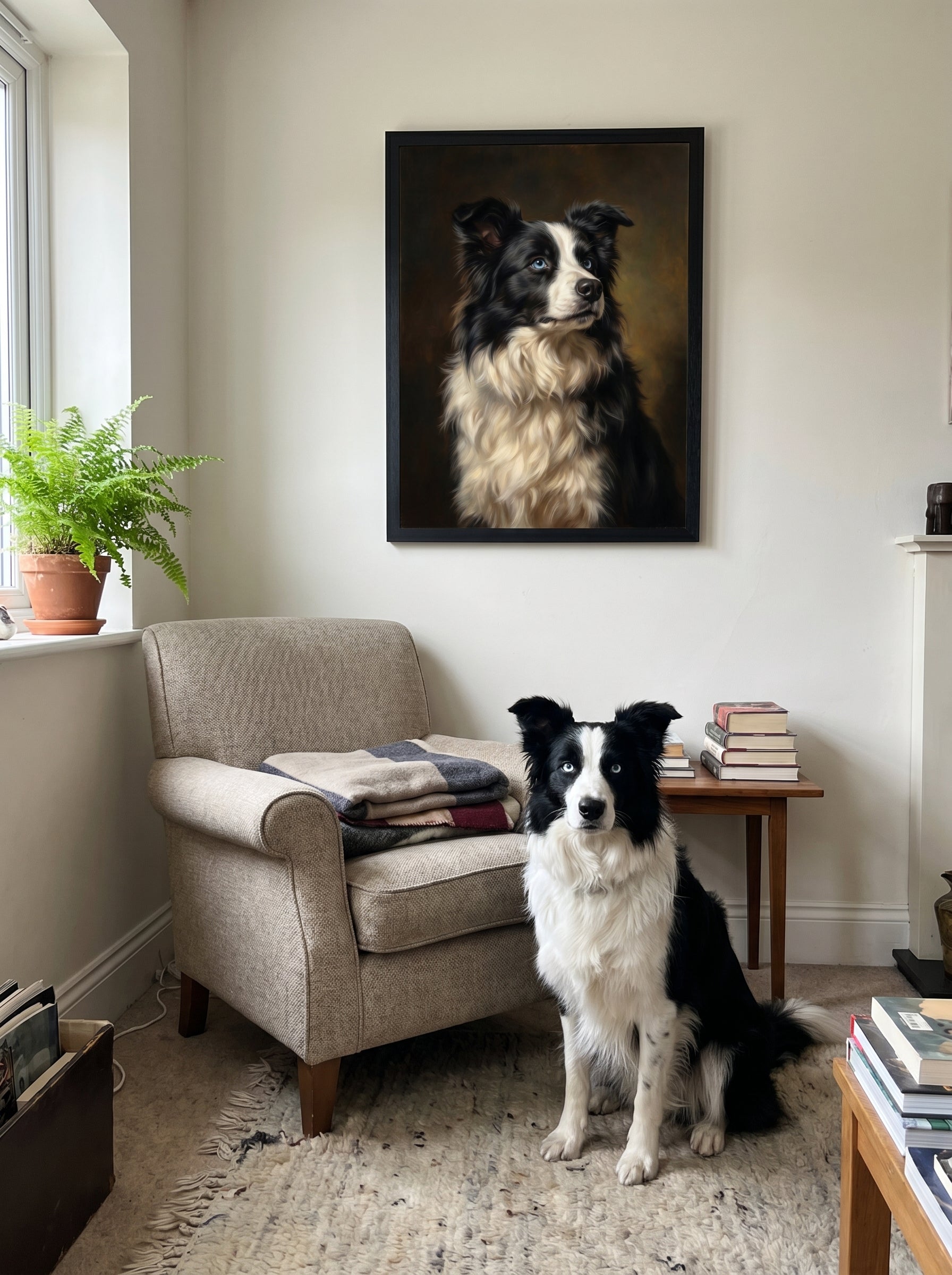 Border-Collie neben Sessel unter realistischem Hundeporträt im Wohnzimmer