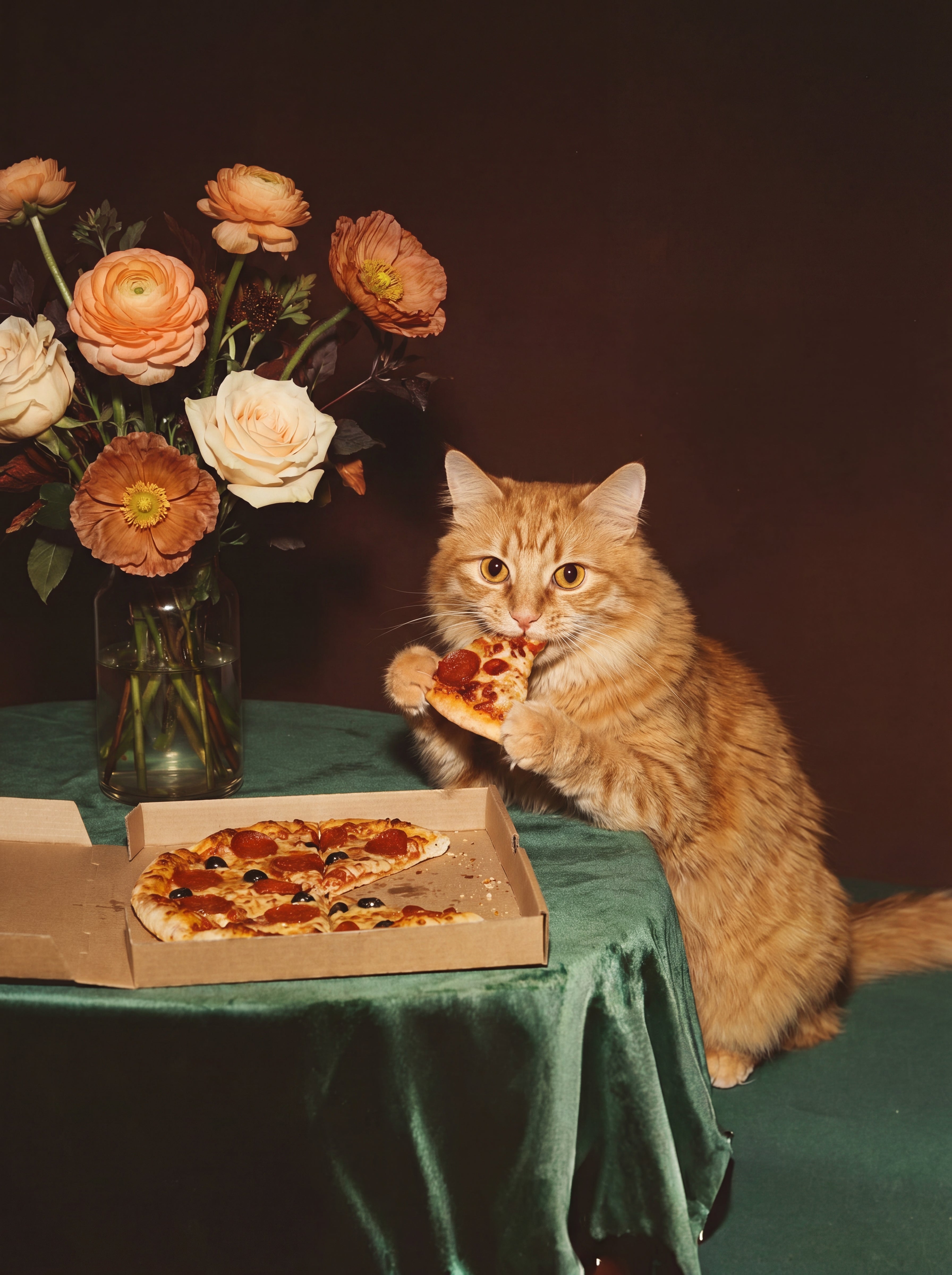 Flauschige rote Katze mit Pizzastück neben Blumenstrauß am Tisch