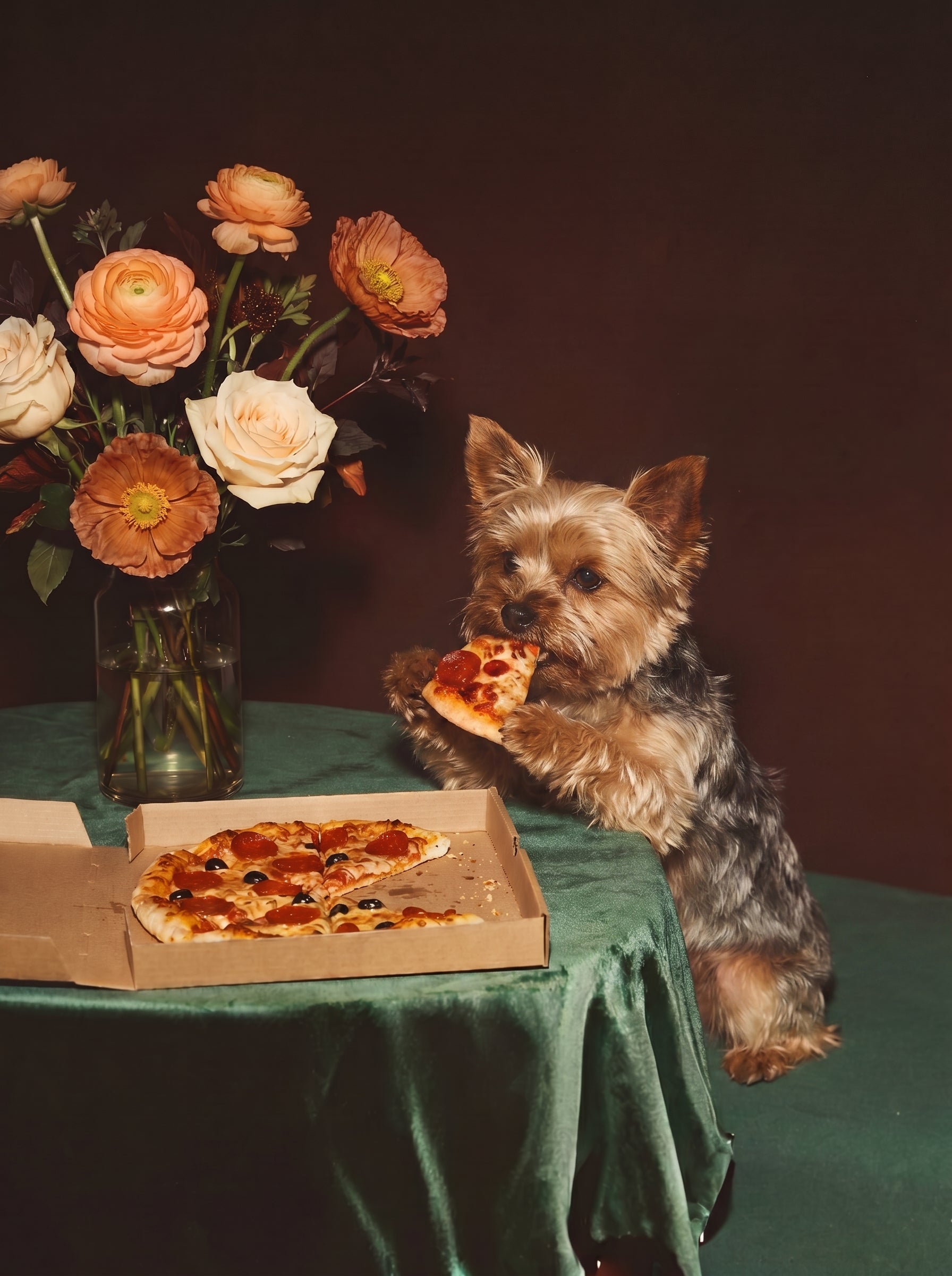 Yorkshire Terrier im inszenierten Porträt mit Pizza am Tisch neben Blumen