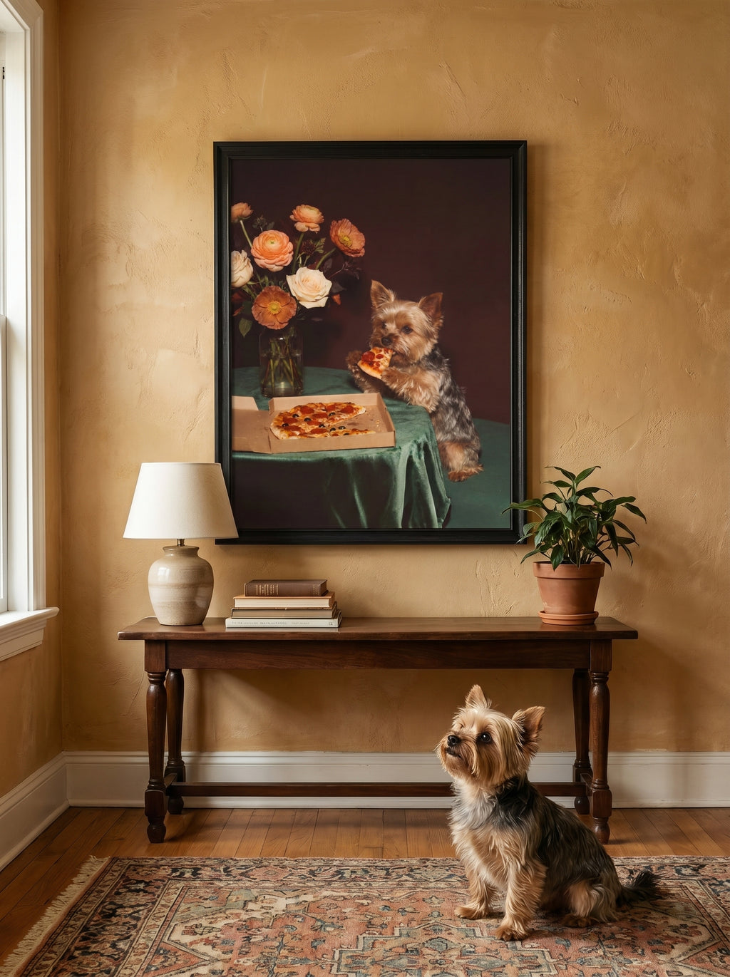 Yorkshire Terrier im barocken Stillleben mit Pizza und Blumenstrauß