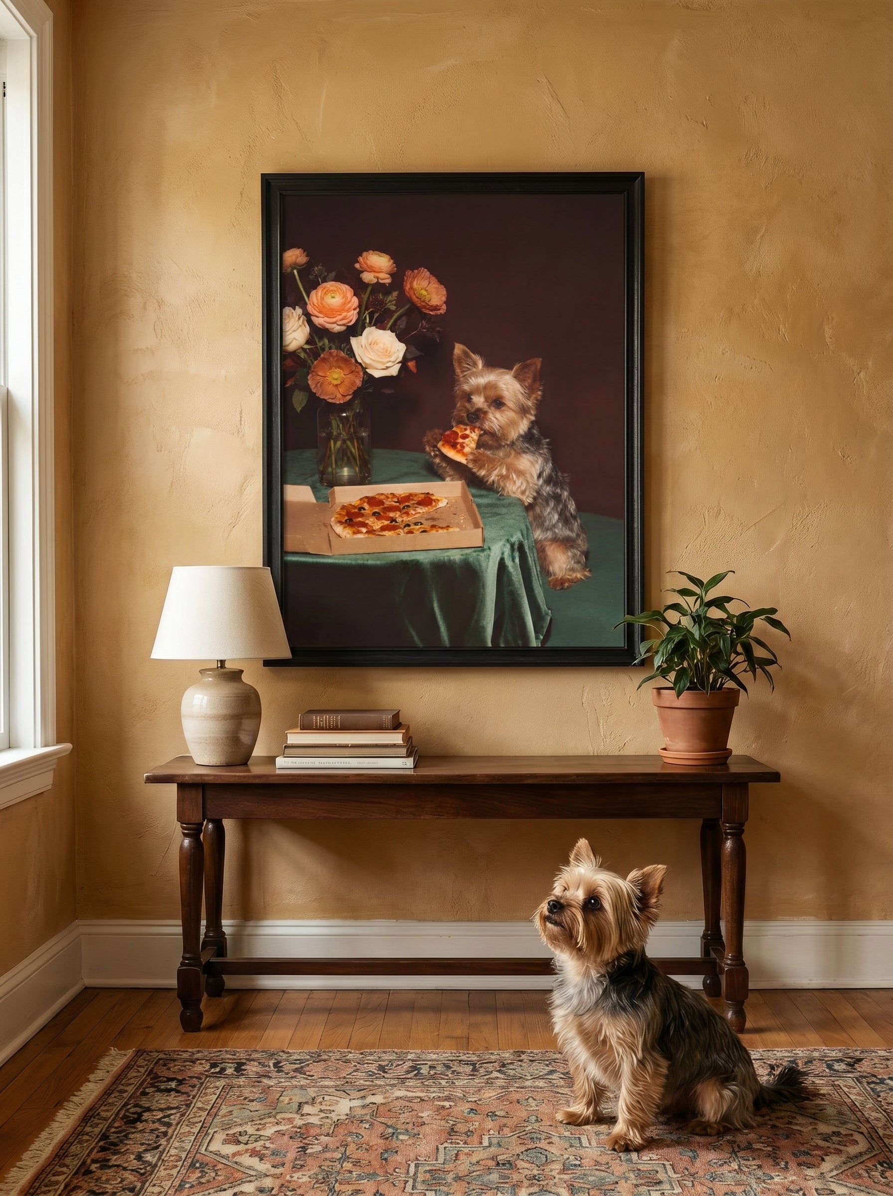 Yorkshire Terrier im barocken Stillleben mit Pizza und Blumenstrauß
