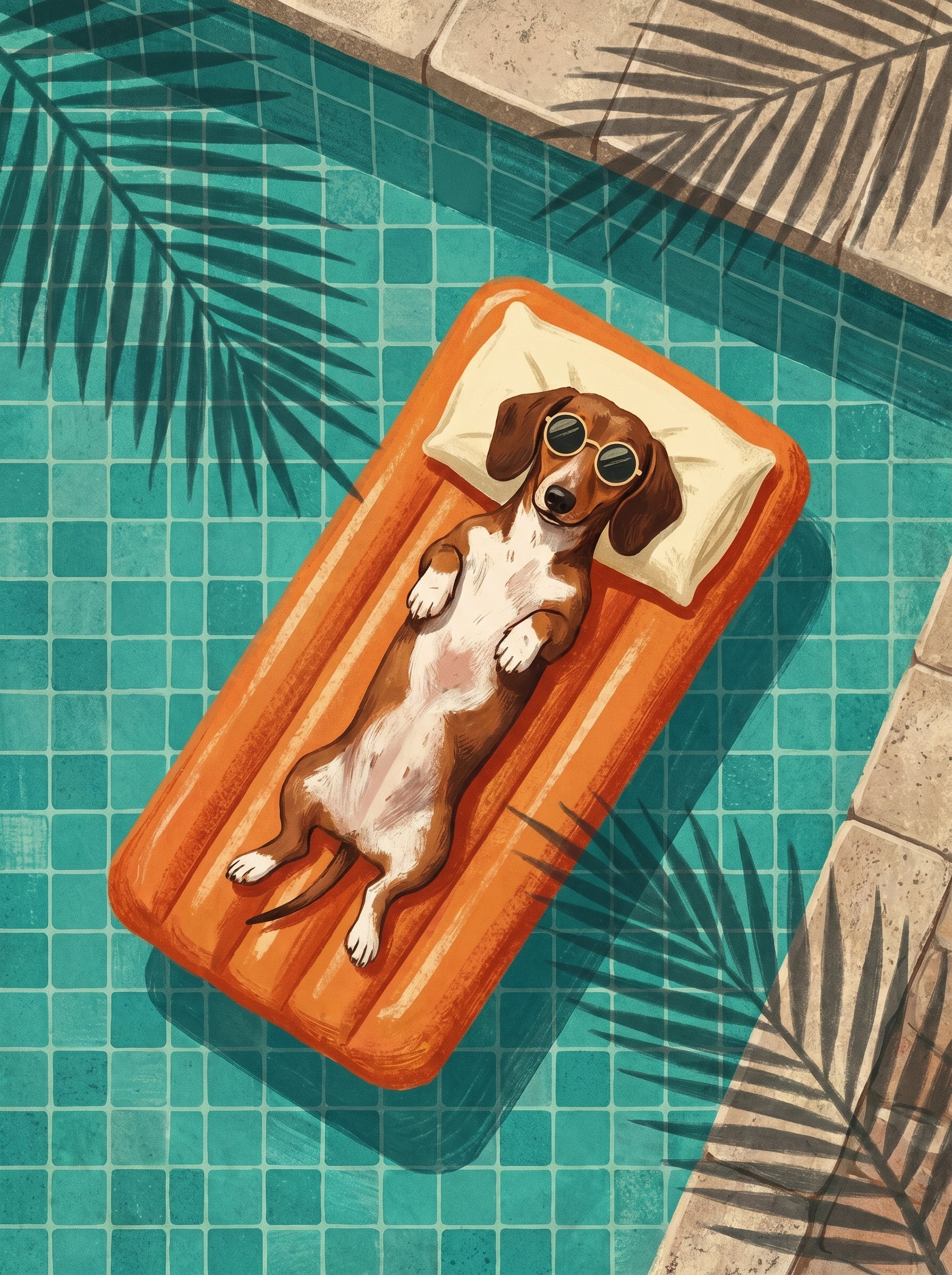 Dackel mit Sonnenbrille auf Luftmatratze im Pool, illustrative Sommerszene