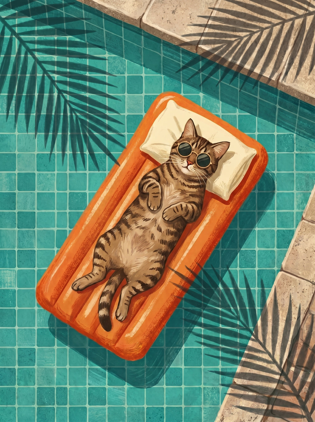 Illustrierte Katze mit Sonnenbrille auf Luftmatratze im türkisblauen Pool