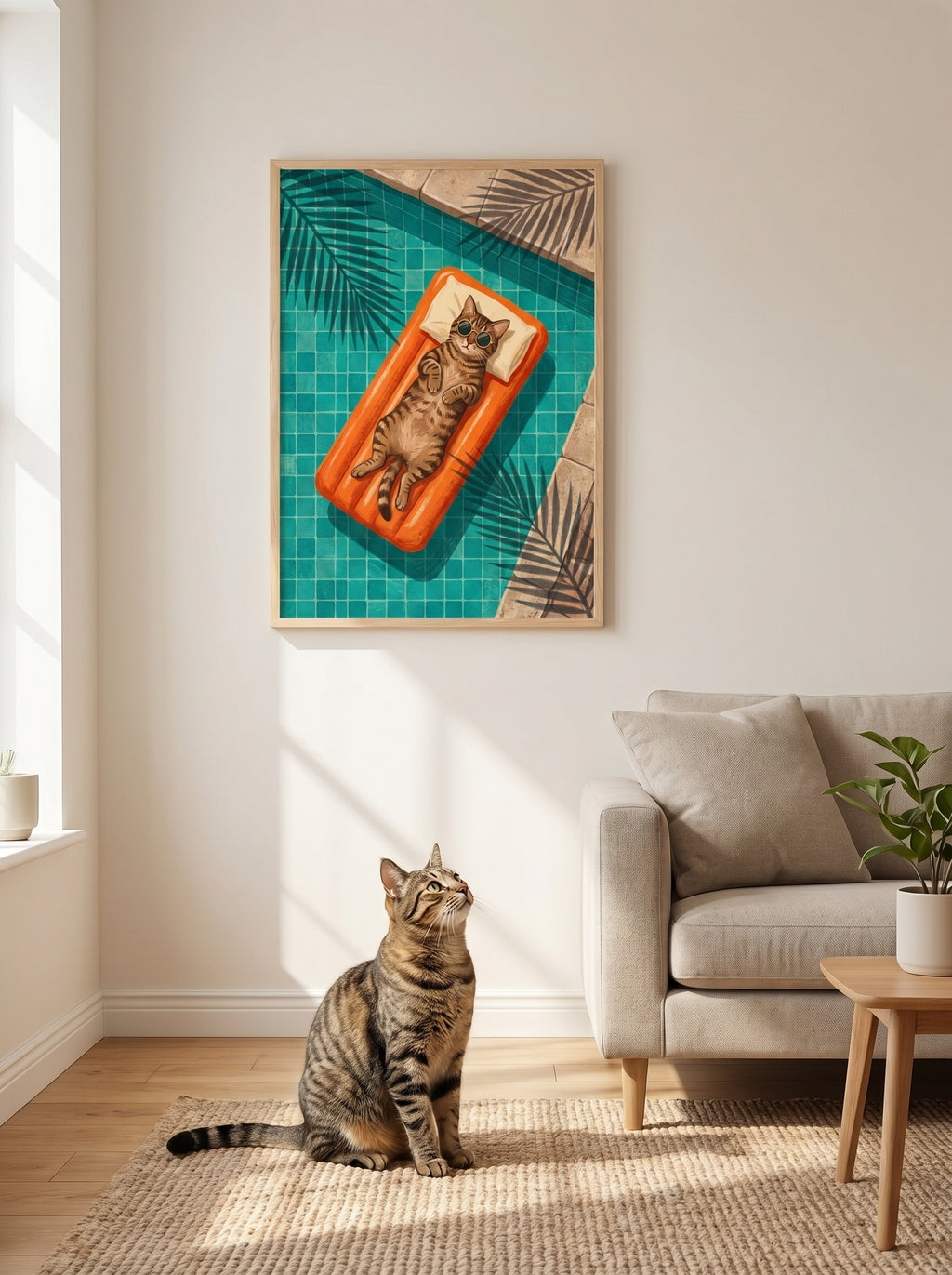 Gerahmte Katzenillustration auf Luftmatratze im Pool über Wohnzimmerkatze