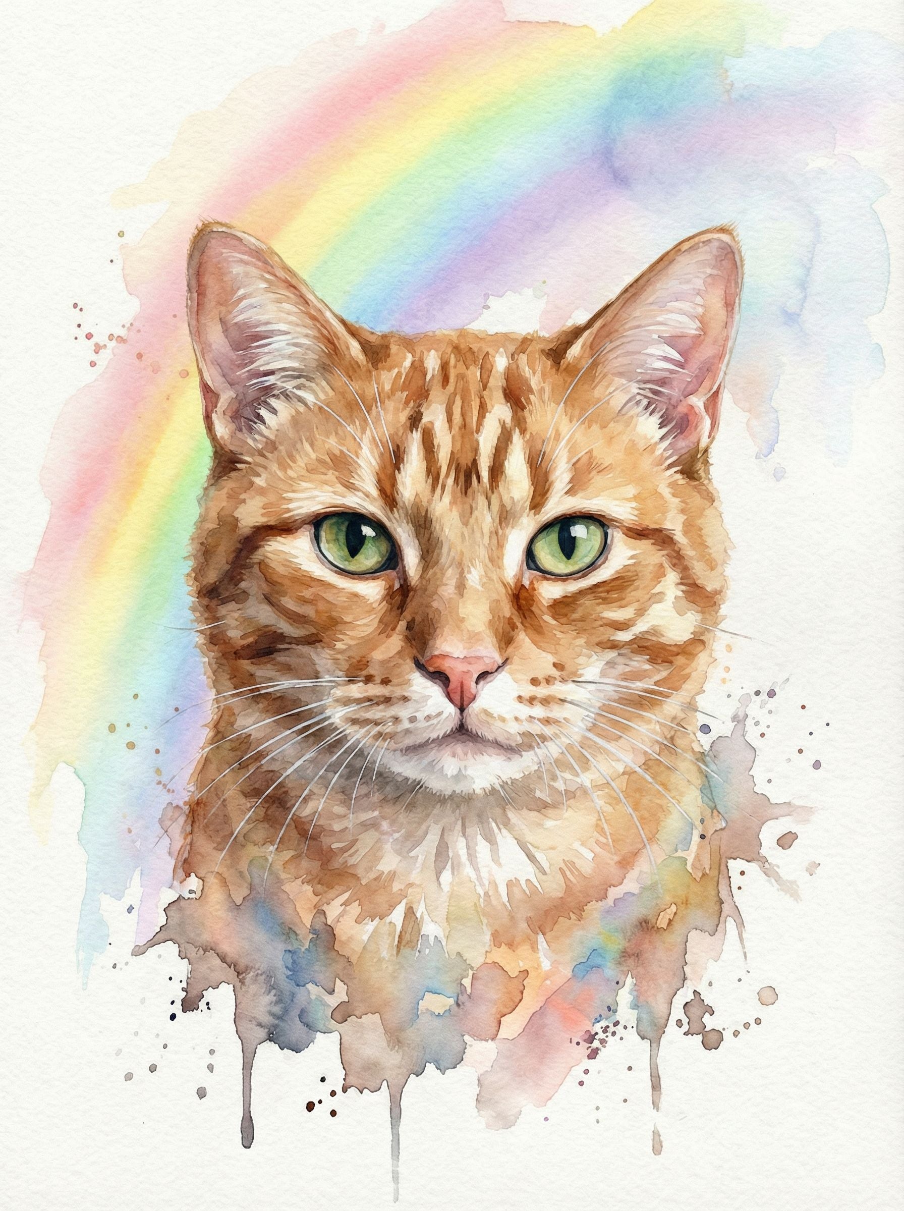 Orange getigerte Katze als Aquarellporträt vor pastellfarbenem Regenbogenhintergrund