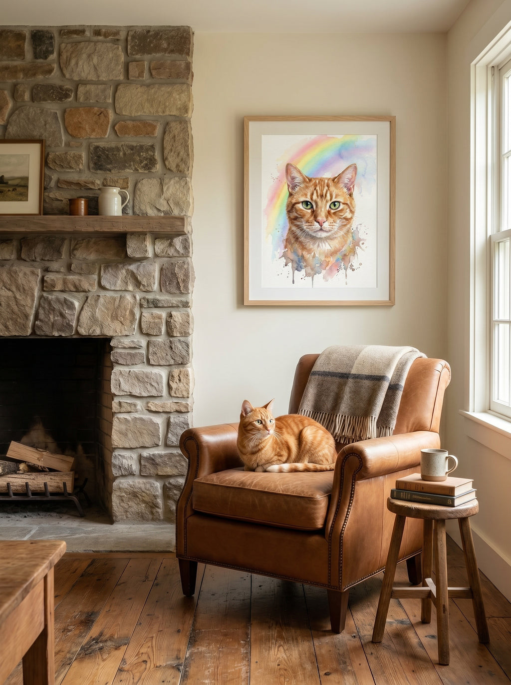 Orange Katze im Sessel unter Aquarell-Katzenporträt mit Regenbogen im Wohnzimmer