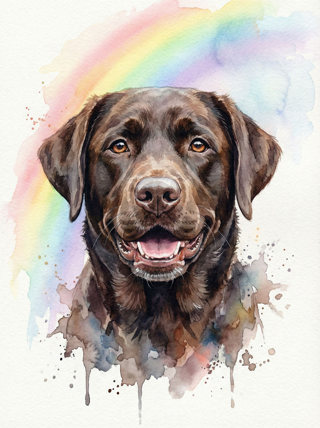Schokoladenbrauner Labrador als Aquarellporträt vor buntem Regenbogenhintergrund