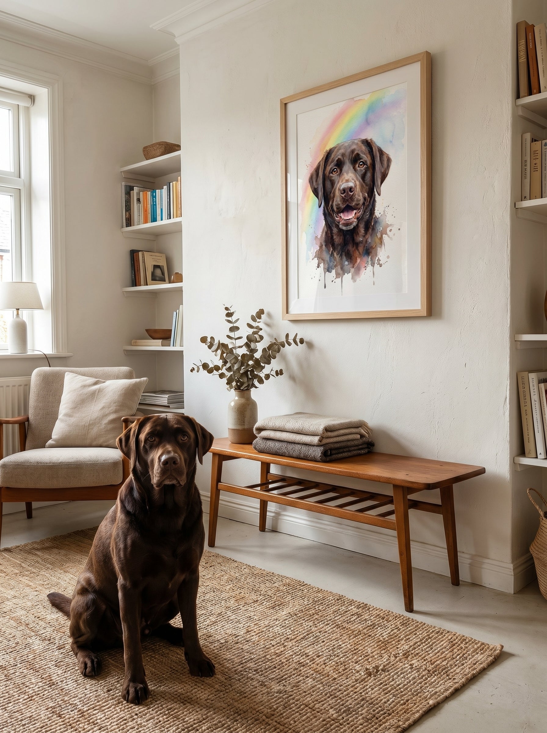 Schokoladenbrauner Labrador im Wohnzimmer unter Aquarellporträt mit Regenbogen