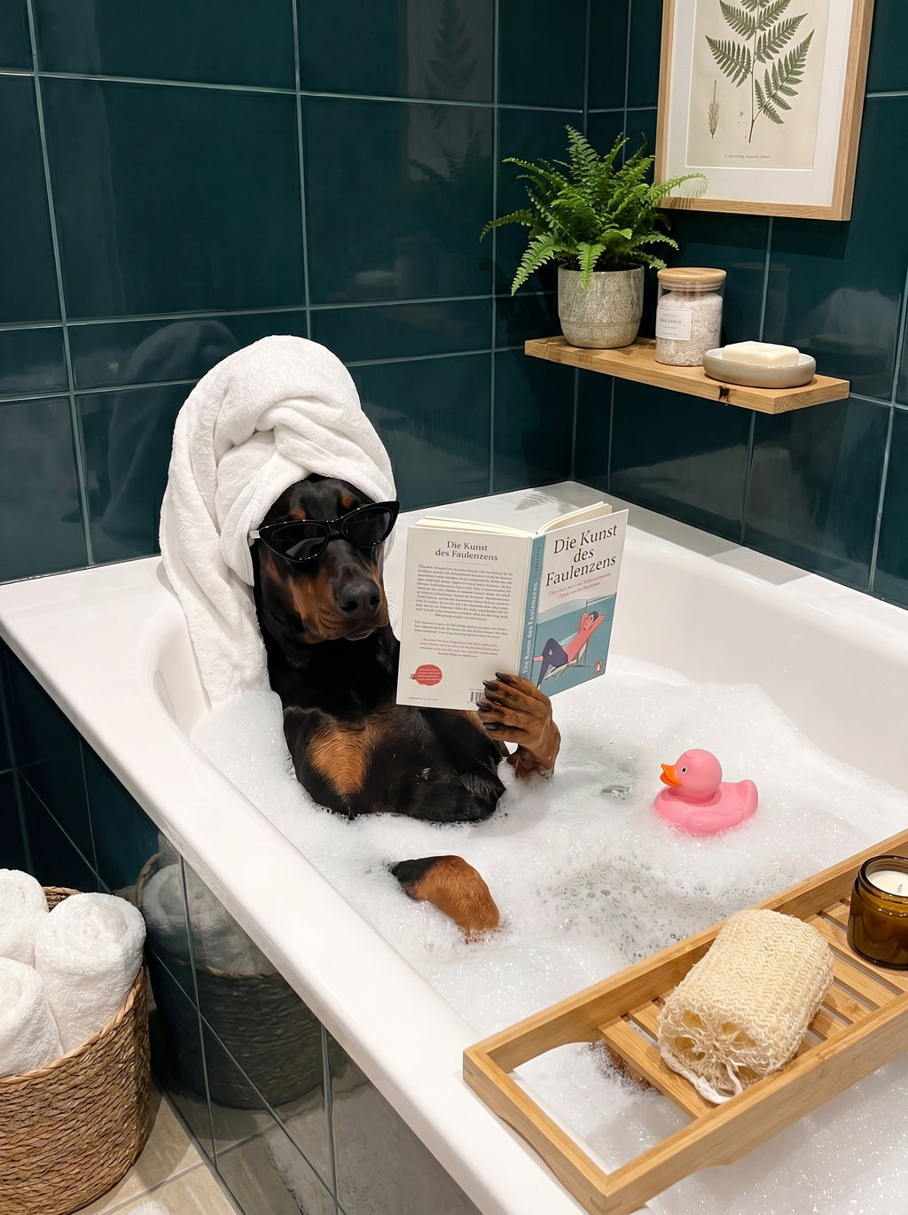 Dobermann mit Sonnenbrille liest Buch in Schaumbad, humorvolle Badezimmer-Szene