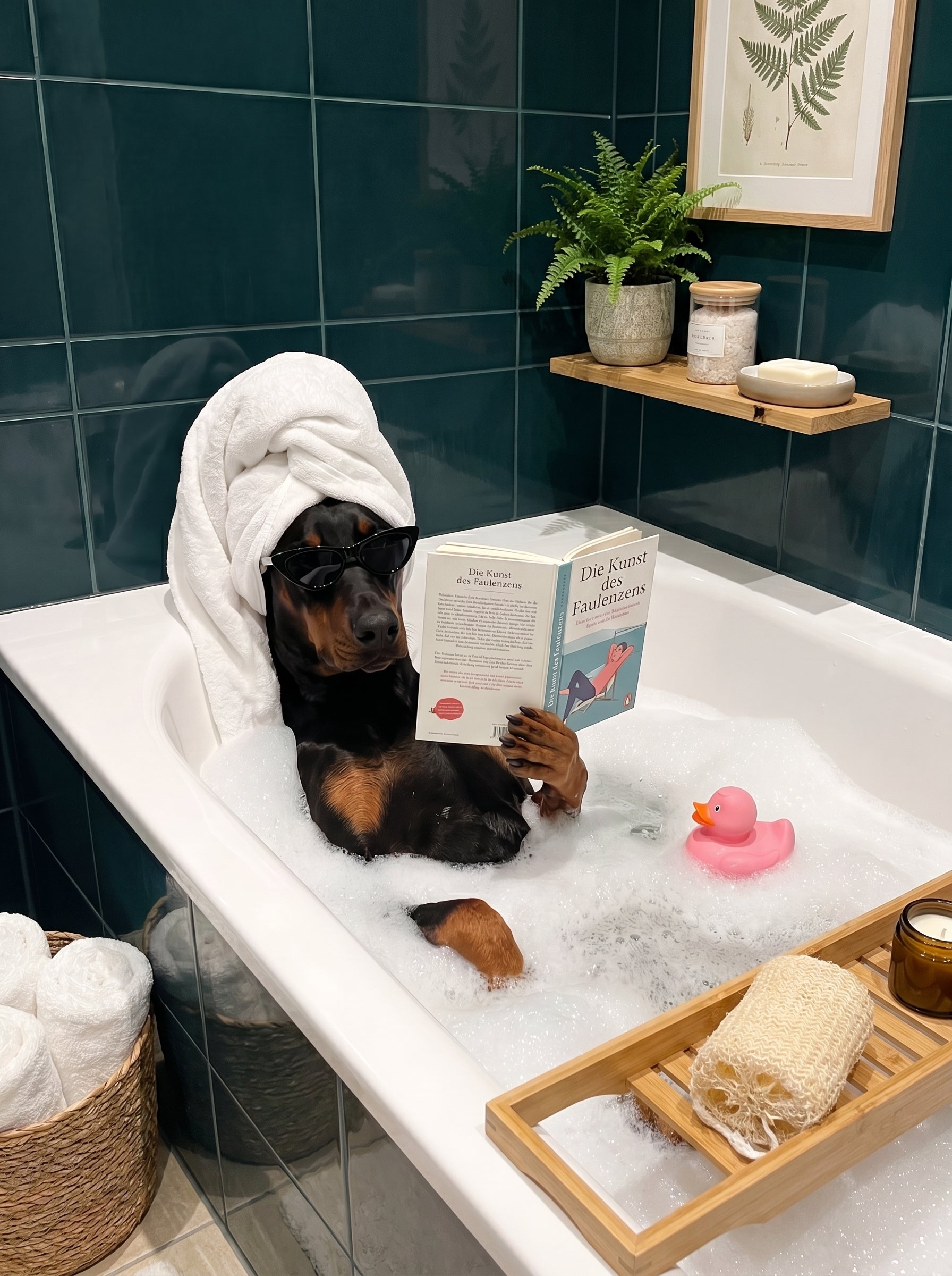 Dobermann mit Sonnenbrille liest Buch in Schaumbad, humorvolle Badezimmer-Szene