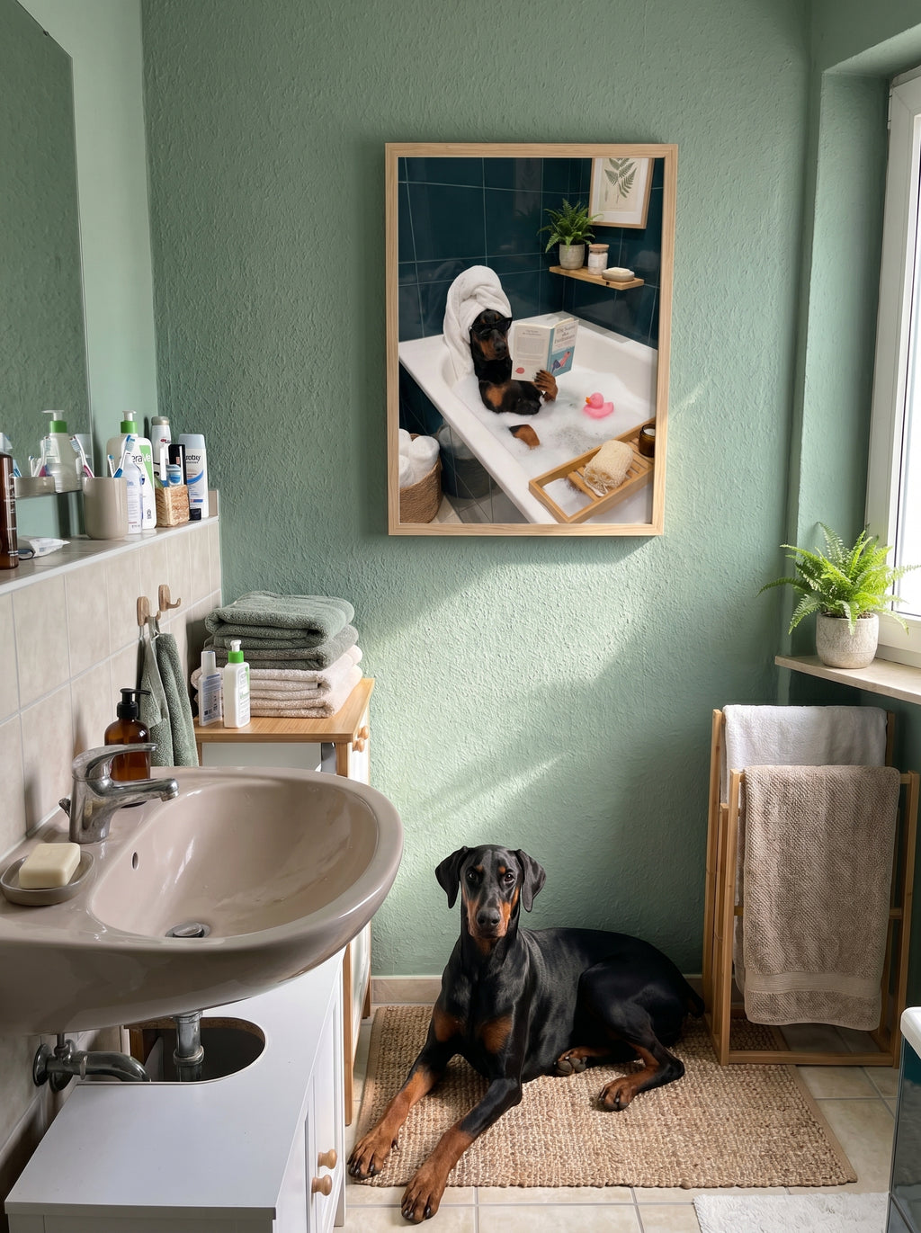 Dobermann im Badezimmer, realistisches Wandbild mit Hund in Badewanne
