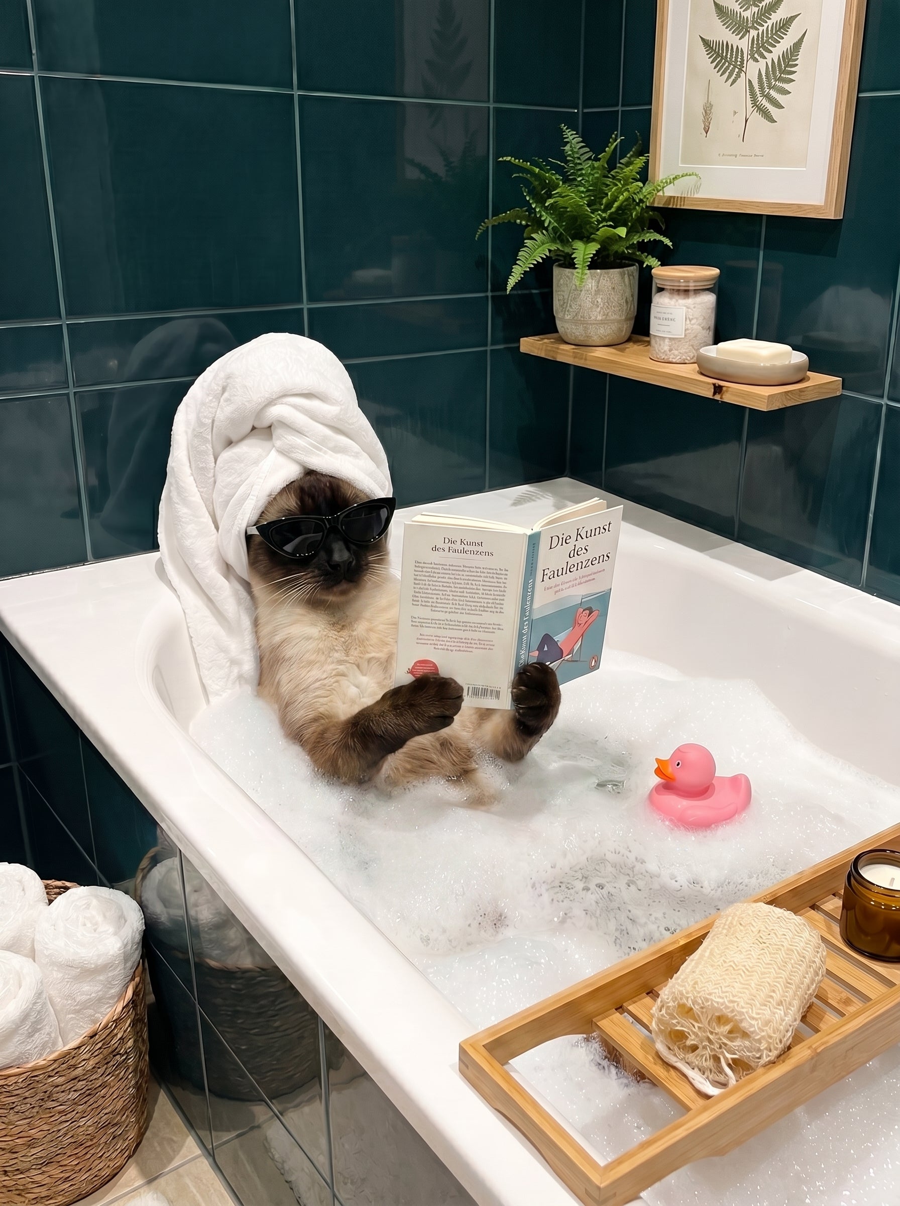 Siamkatze mit Handtuchturban und Sonnenbrille liest Buch in Badewanne