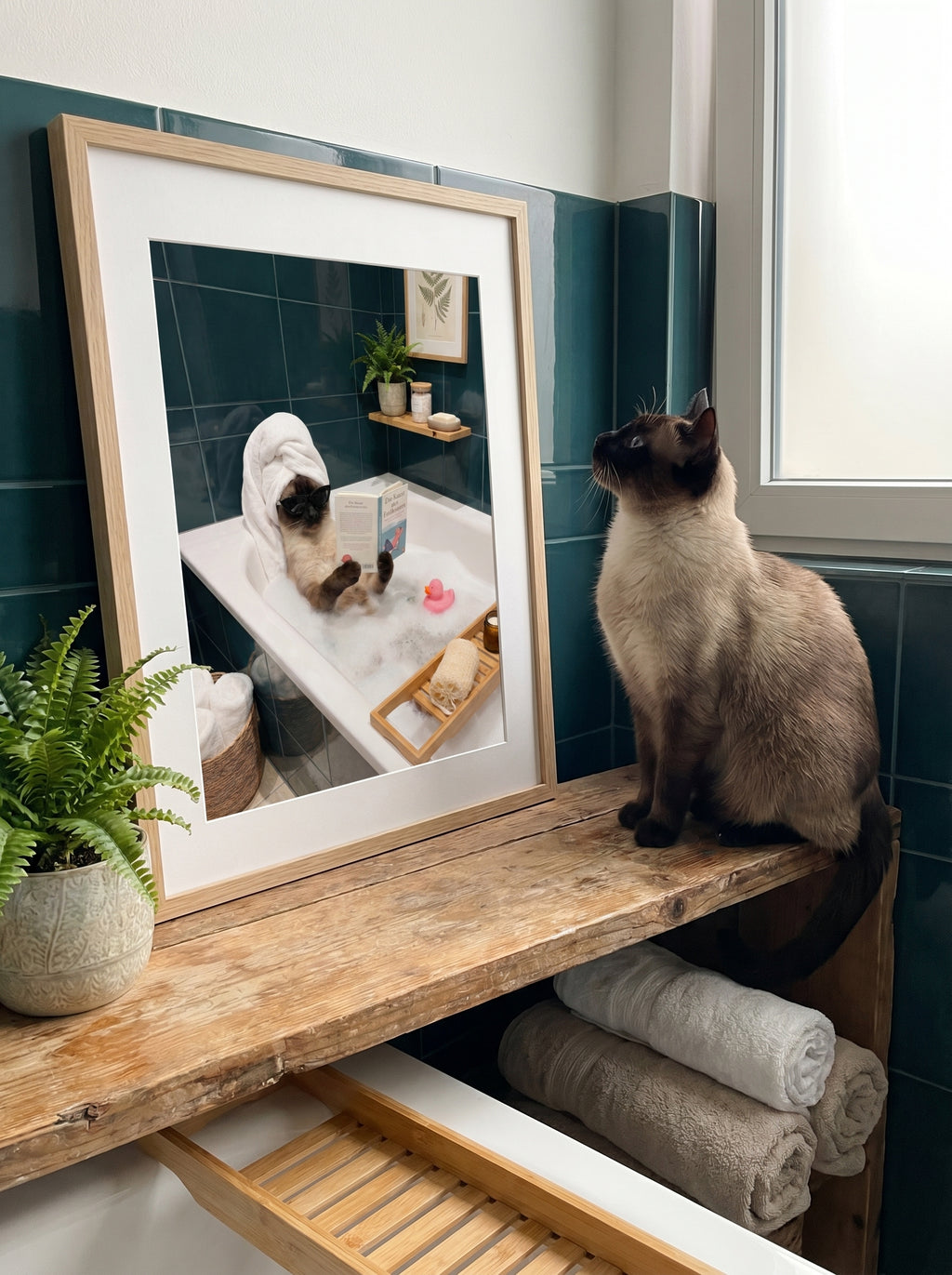Siamkatze neben gerahmtem Katzenporträt im Schaumbad, humorvolle Badezimmer-Szene