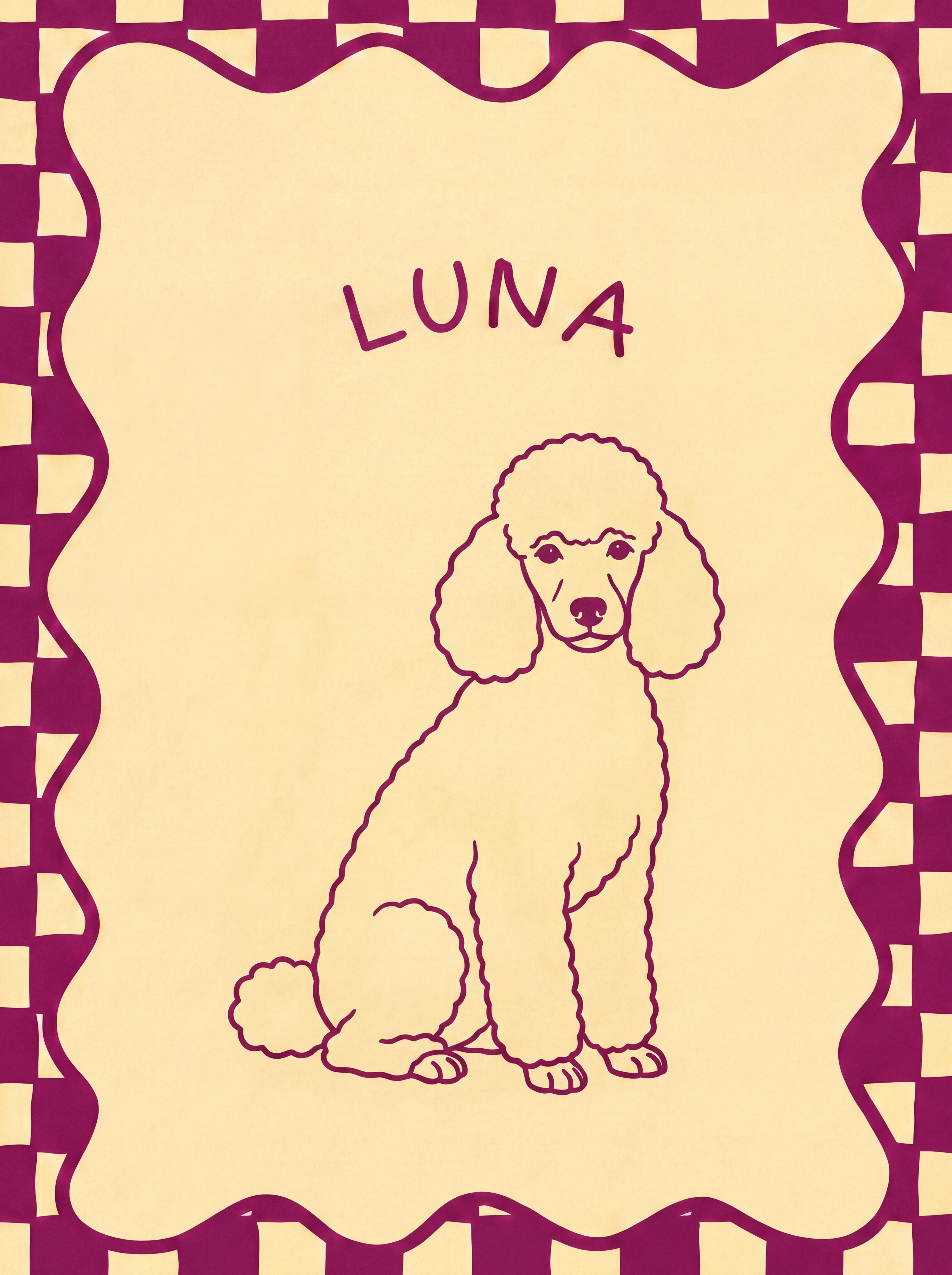 Pudel als einfache Linienzeichnung mit Namen Luna und Zierrahmen