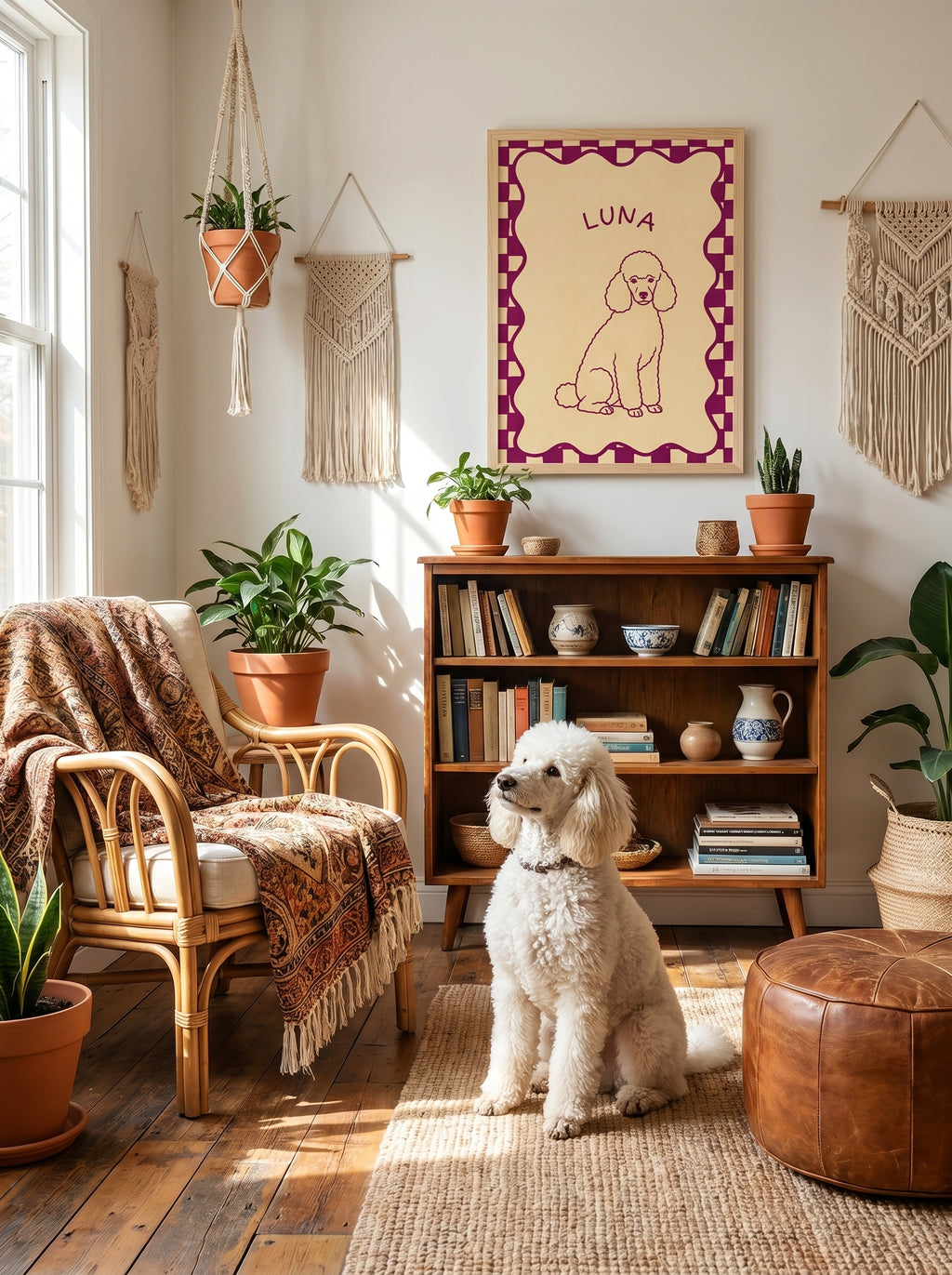 Personalisierte Pudel-Illustration Luna im Boho-Wohnzimmer mit weißem Pudel