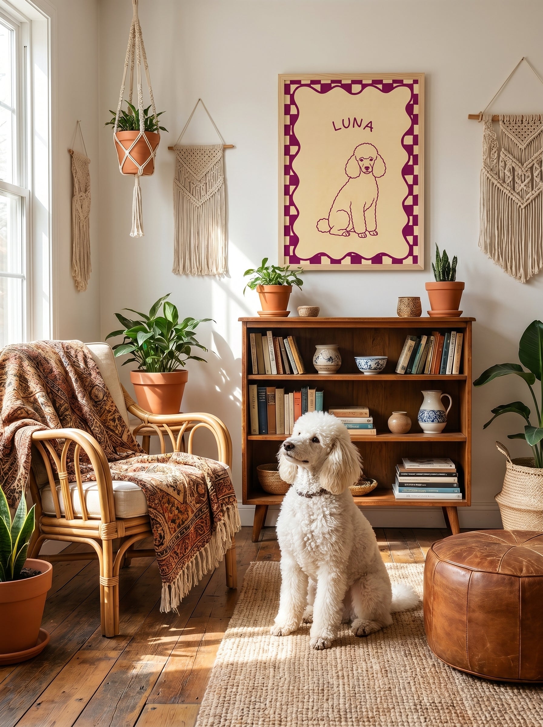 Personalisierte Pudel-Illustration Luna im Boho-Wohnzimmer mit weißem Pudel