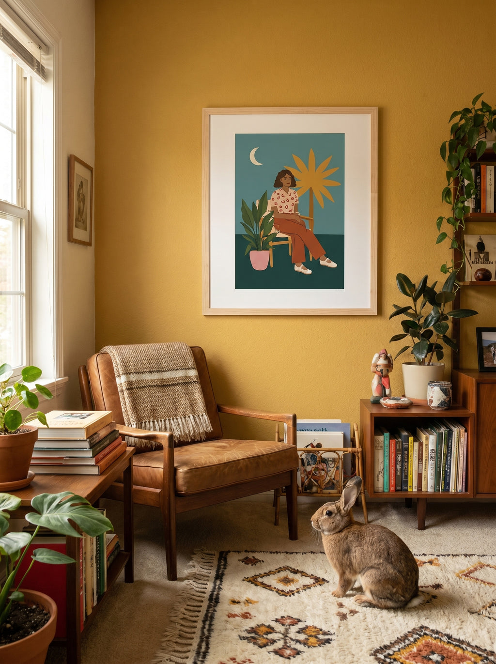 Kaninchen auf Teppich im gemütlichen Wohnzimmer mit moderner Wandillustration