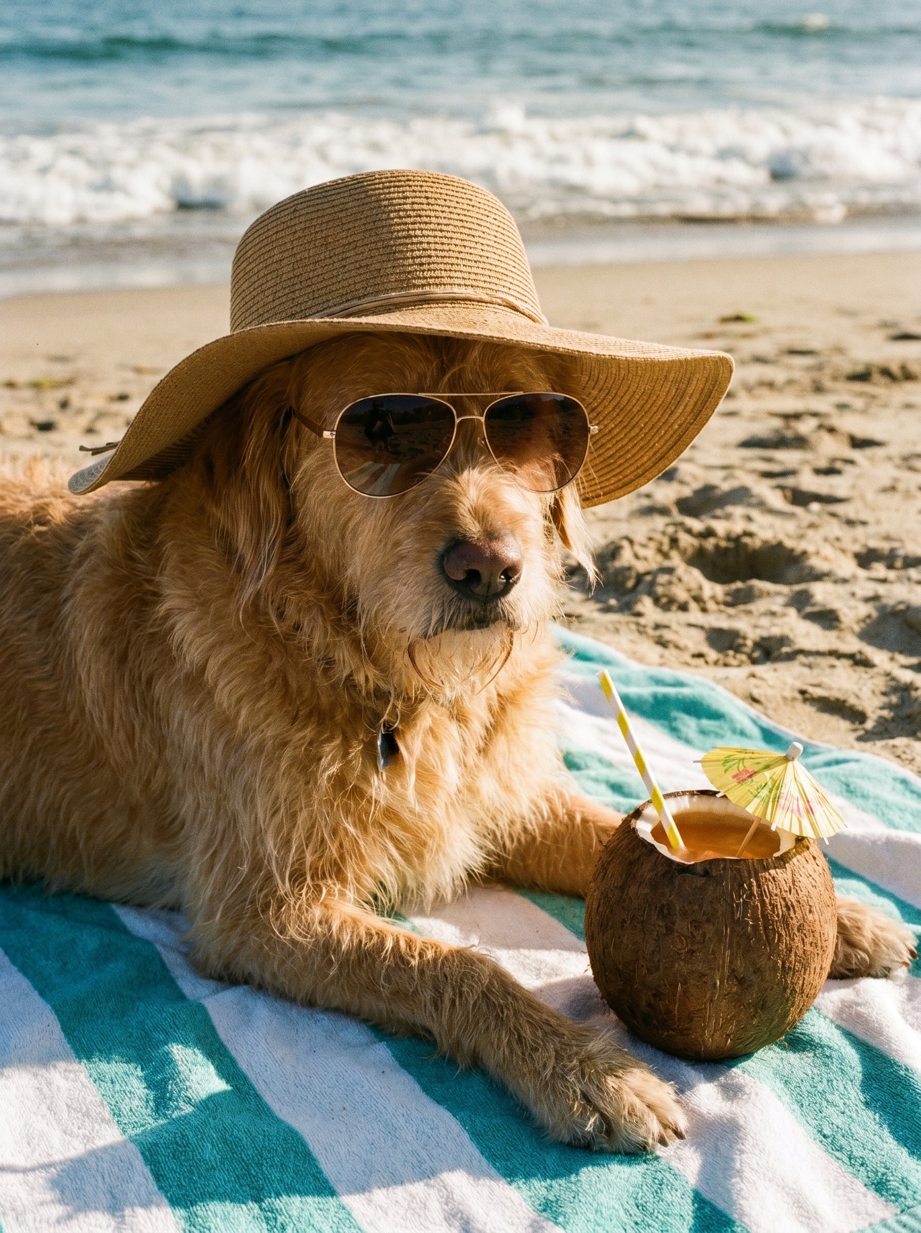 Hund mit Sonnenhut und Sonnenbrille am Strand neben Kokosnuss