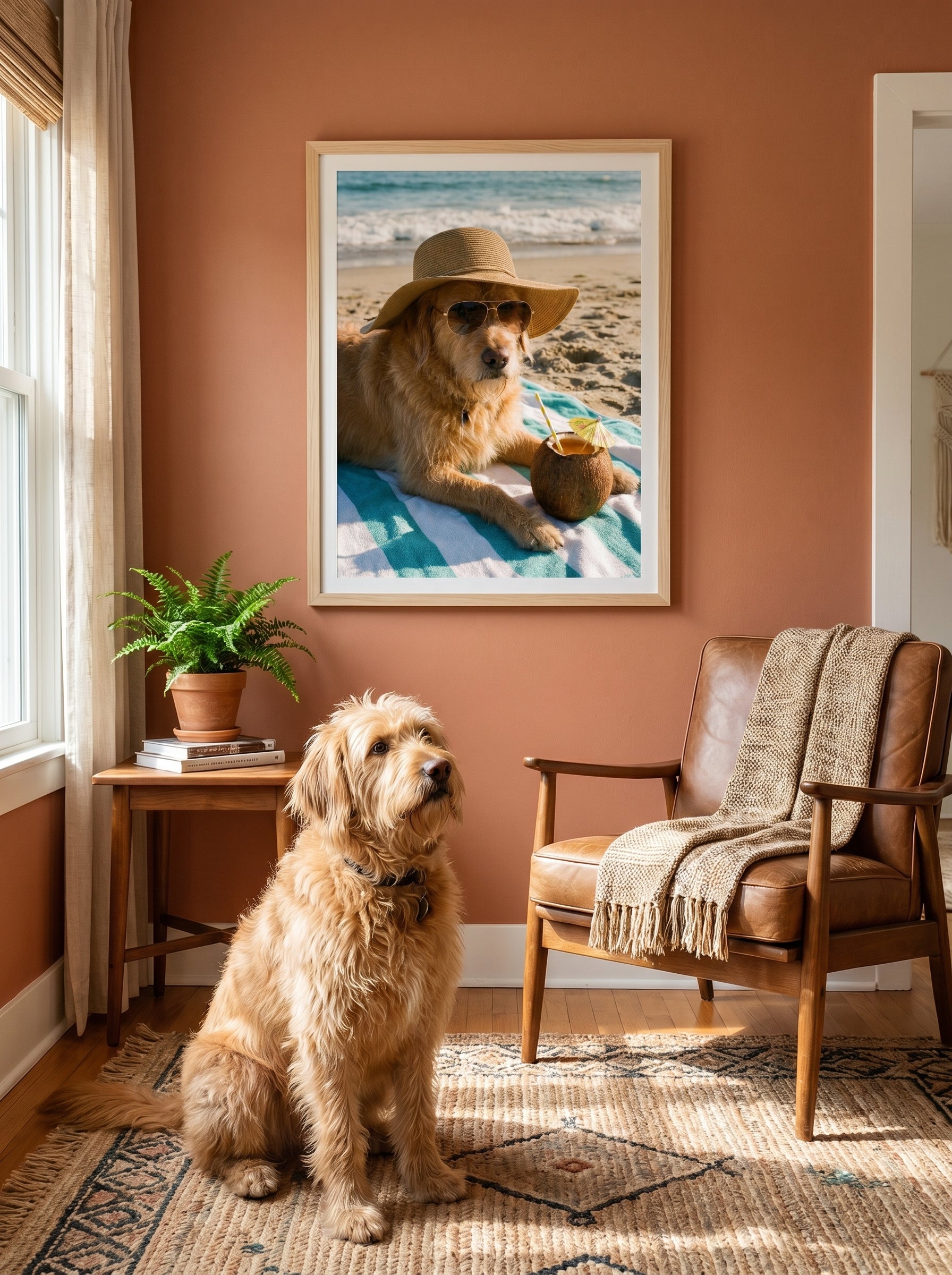 Hundeporträt im Wohnraum, Hund am Strand mit Hut und Sonnenbrille
