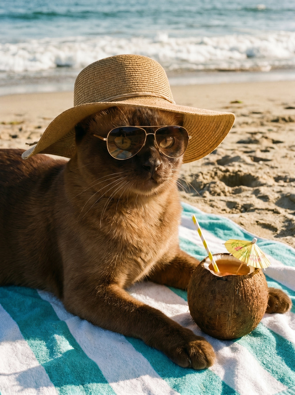 Katze mit Sonnenhut und Sonnenbrille am Strand neben Kokosdrink