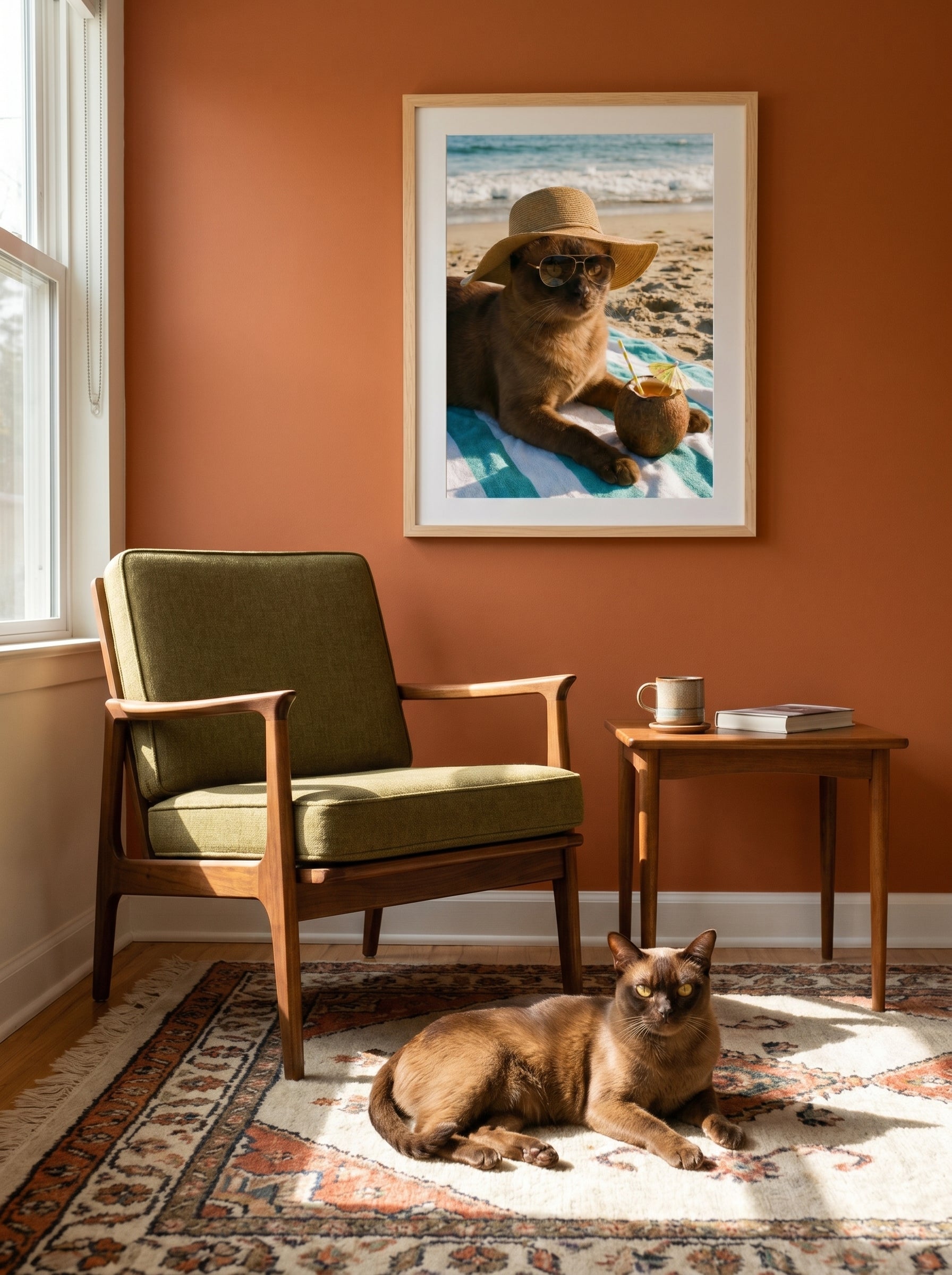 Braune Katze im Wohnzimmer, gerahmtes Strandporträt mit Hut und Sonnenbrille