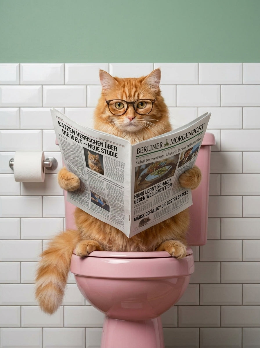 Humorvolle rote Katze mit Brille liest Zeitung auf rosa Toilette