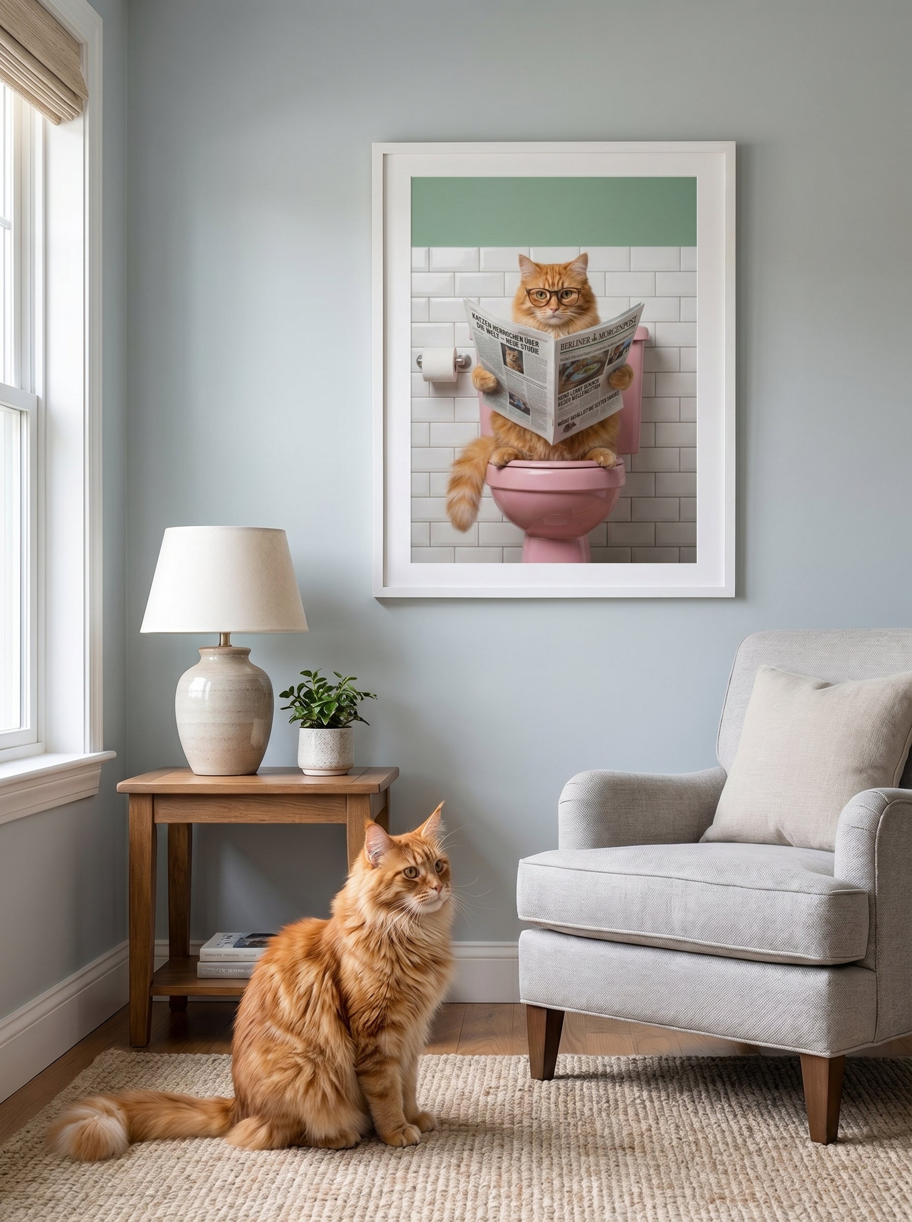 Humorvolle Katze mit Brille liest Zeitung auf rosa Toilette im Bad