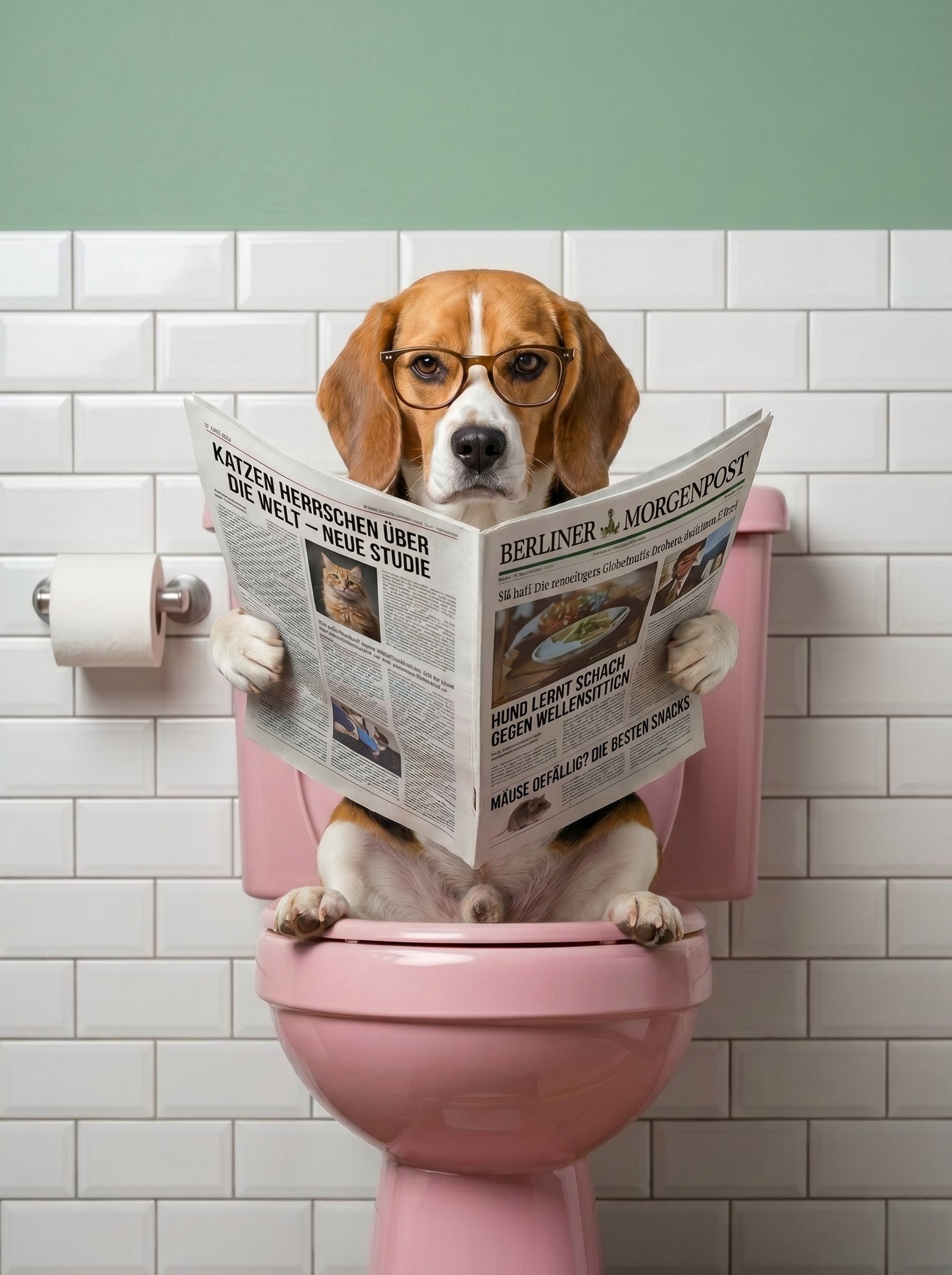 Humorvoller Beagle mit Brille liest Zeitung auf rosa Toilette im Badezimmer