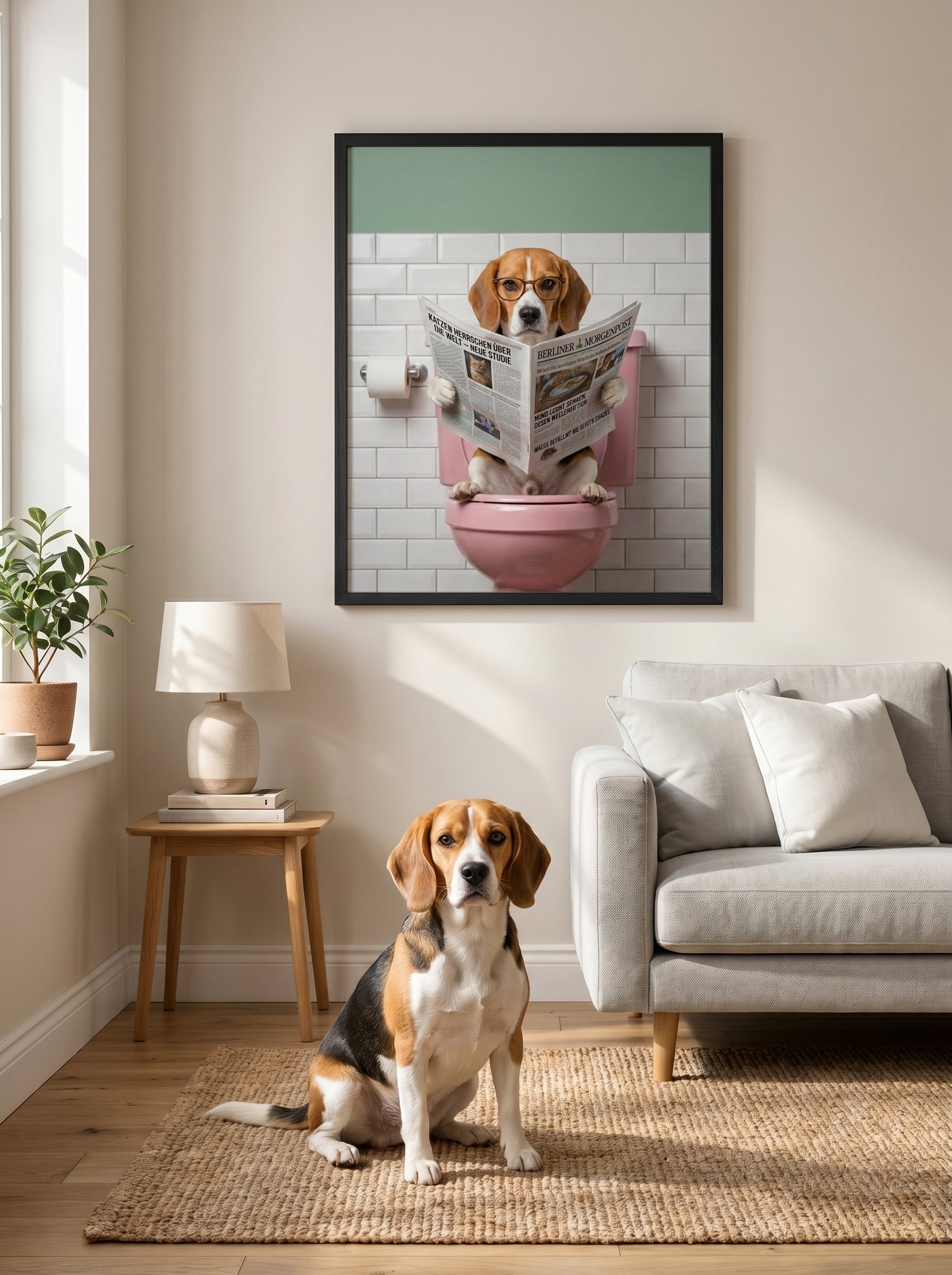 Beagle vor Sofa, humorvolles Wandbild mit Zeitung lesendem Hund auf Toilette
