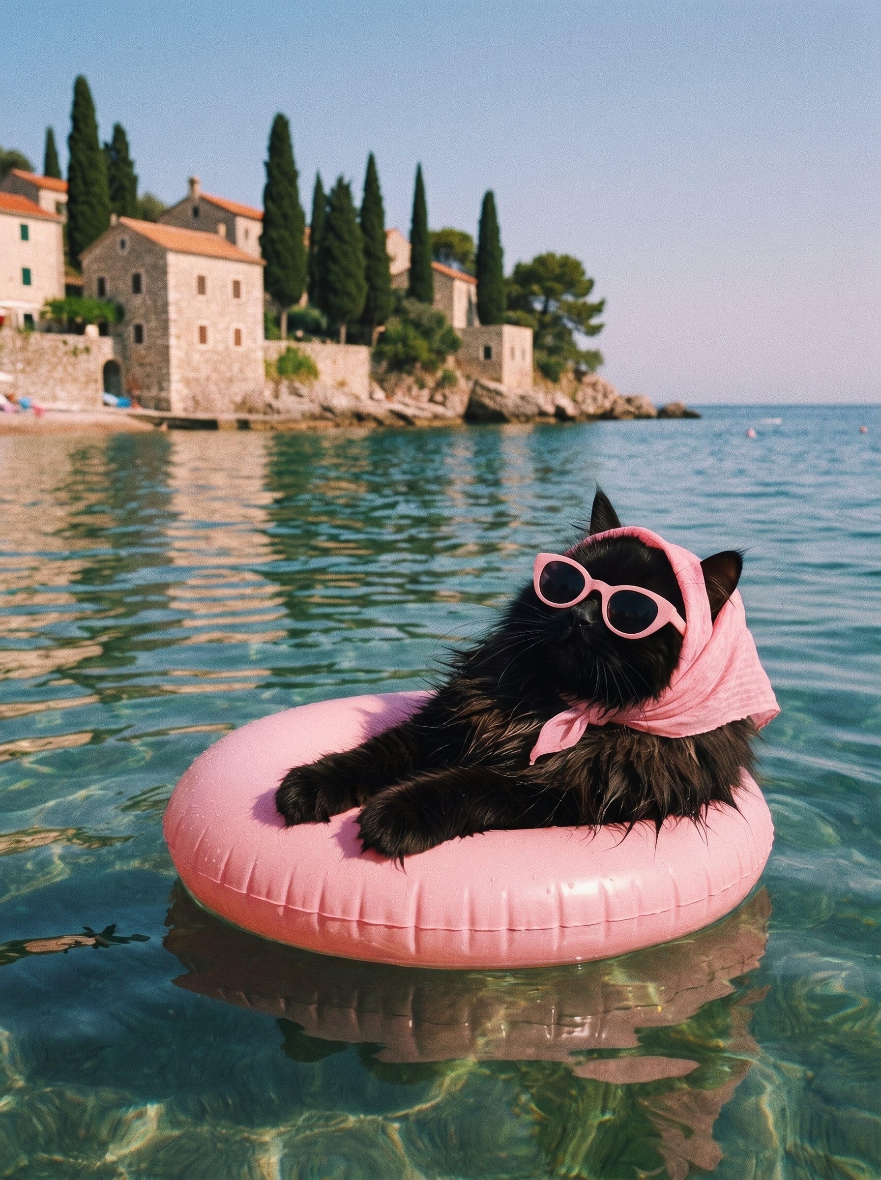Schwarze Katze mit rosa Sonnenbrille auf Schwimmring vor Küstendorf