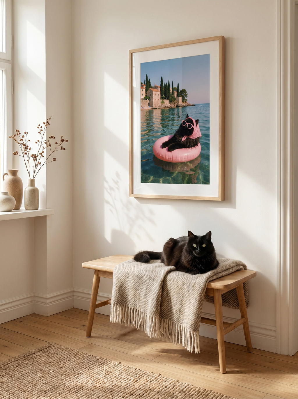 Schwarze Katze mit Sonnenbrille auf Schwimmring, Fotokunst im Wohnraum