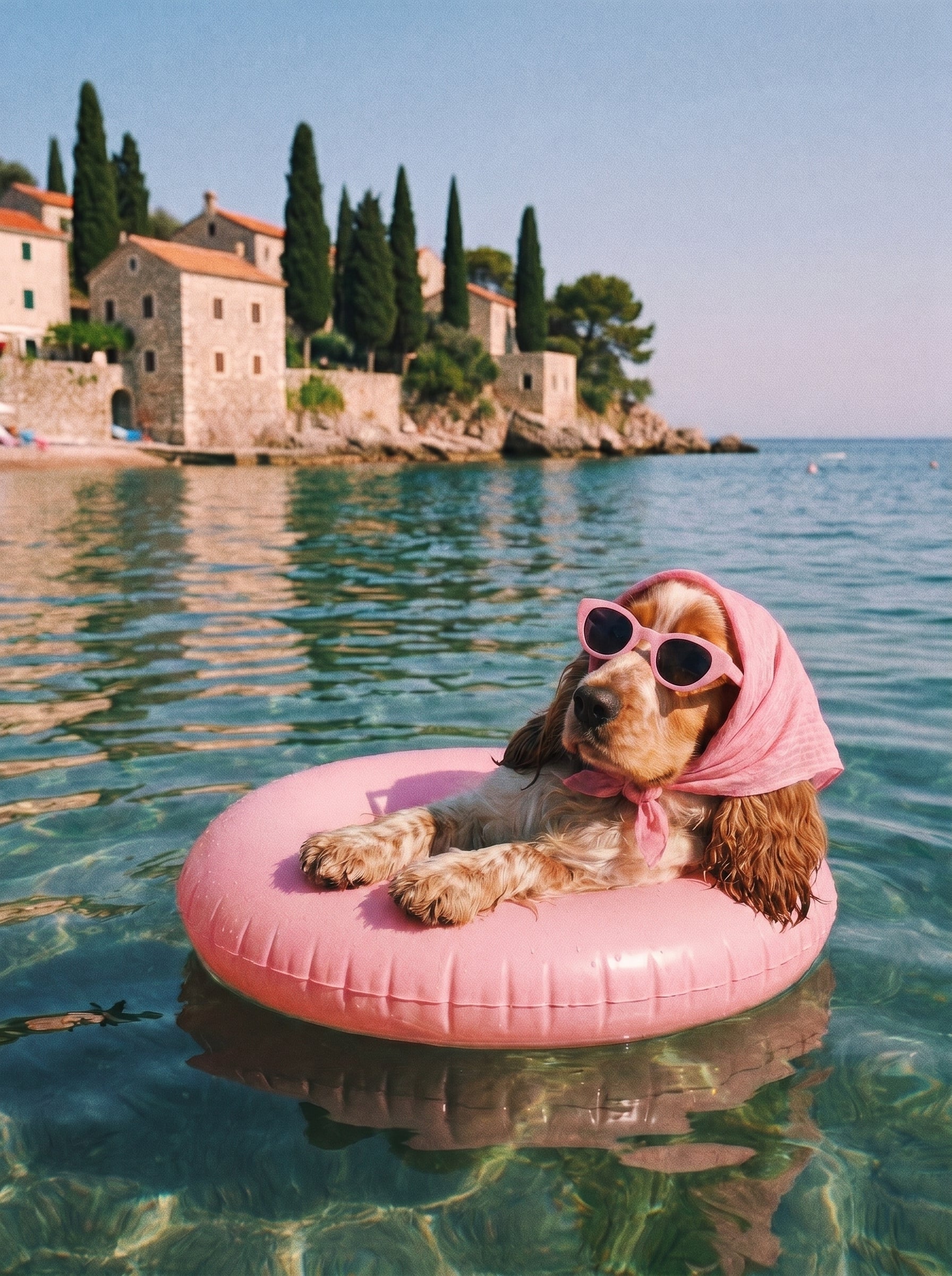 Hund mit Sonnenbrille und Kopftuch auf rosa Schwimmring im Küstenmeer