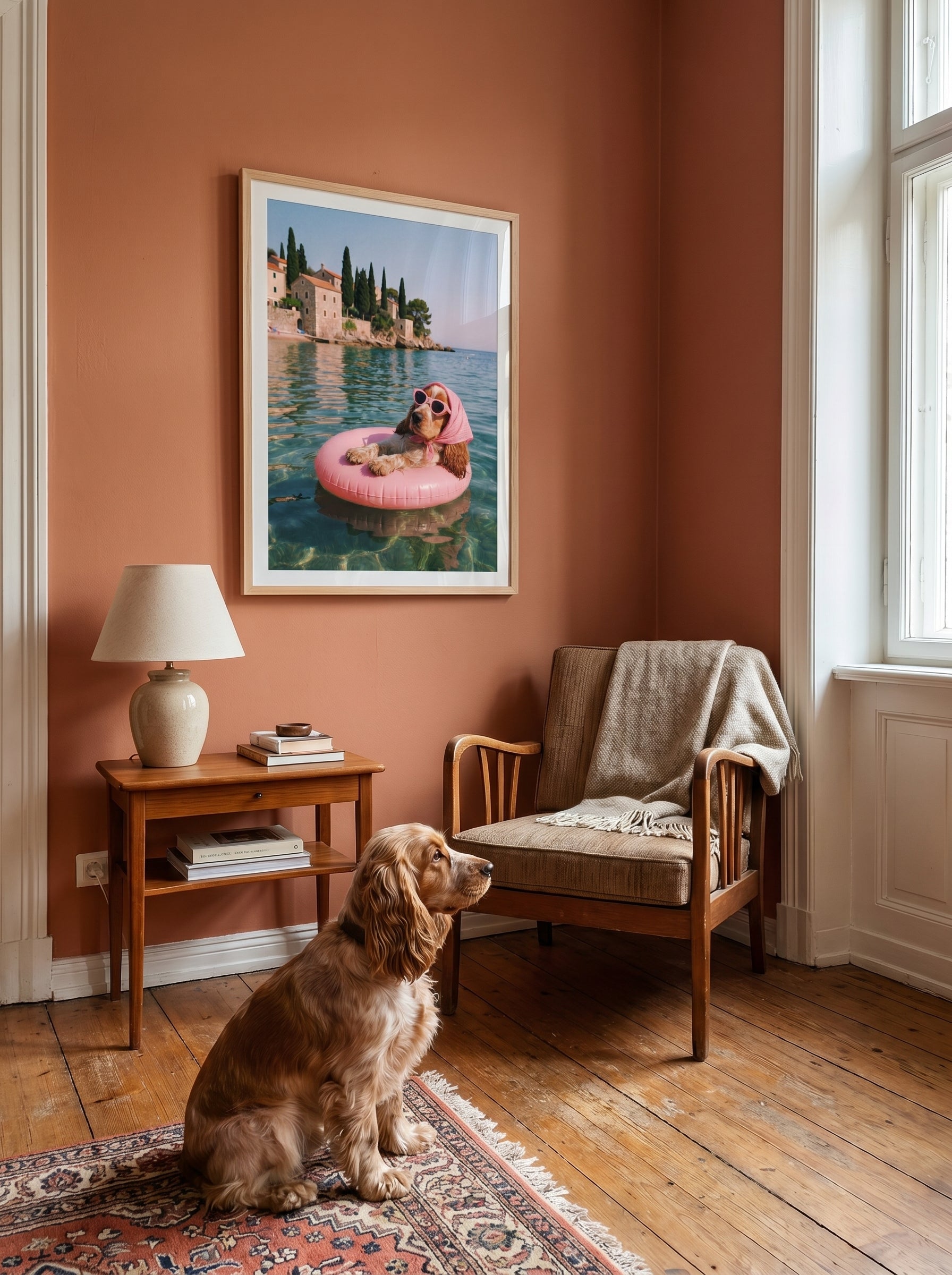 Gerahmtes Hundefoto mit Sonnenbrille auf Schwimmring im gemütlichen Wohnzimmer